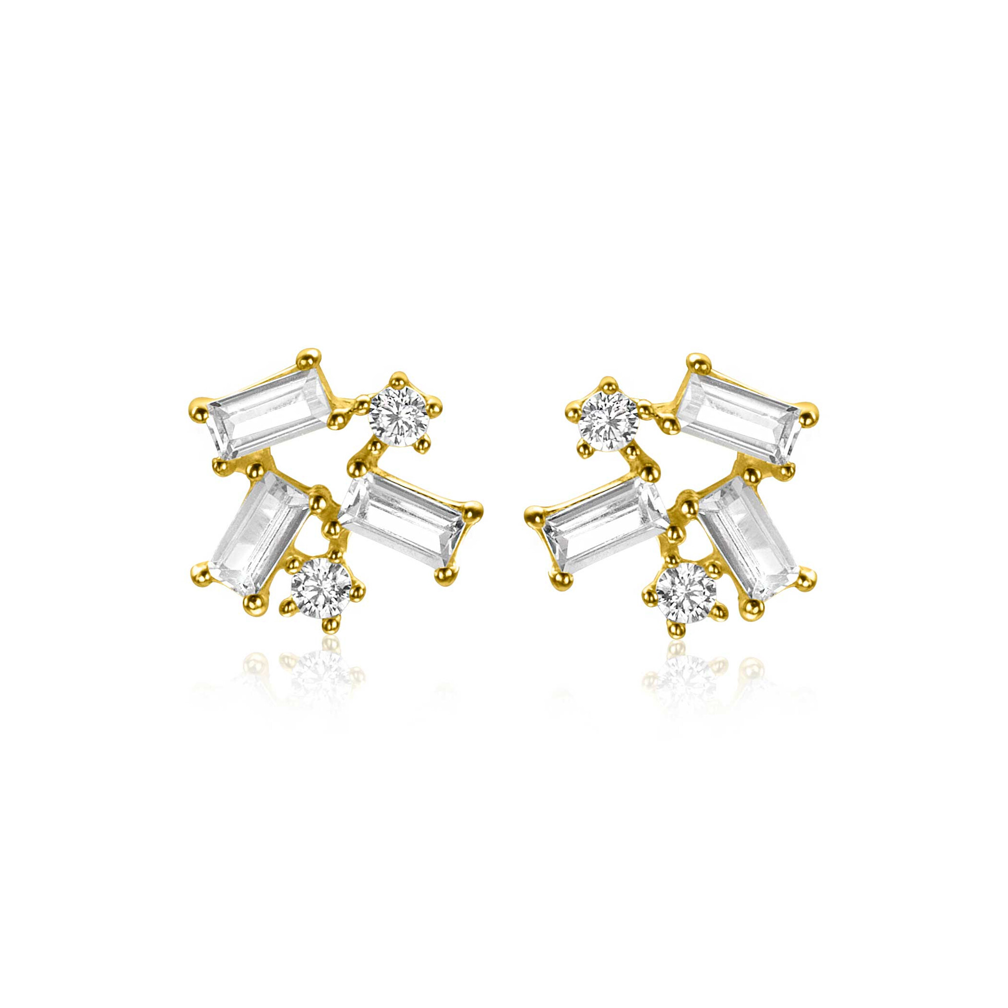 8mm ZINZI Gold 14 ct gold fantasy stud earrings with rectangular baguette-cut and round white cubic zirconias ZGO511