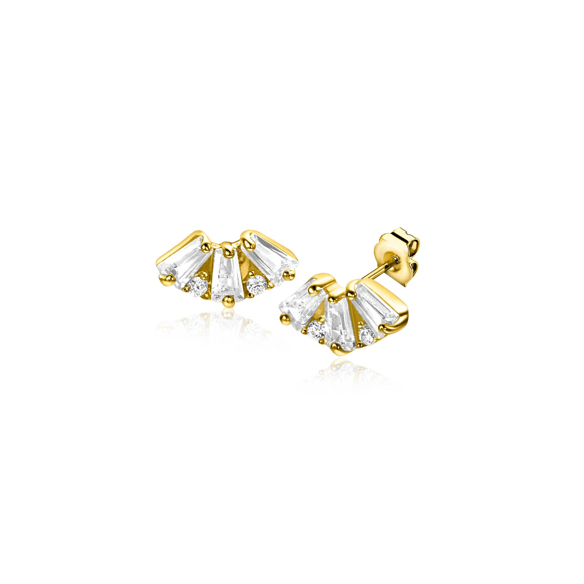 6mm ZINZI Gold 14 ct gold fantasy stud earrings with three baguette-cut white cubic zirconias and two round zirconias ZGO520