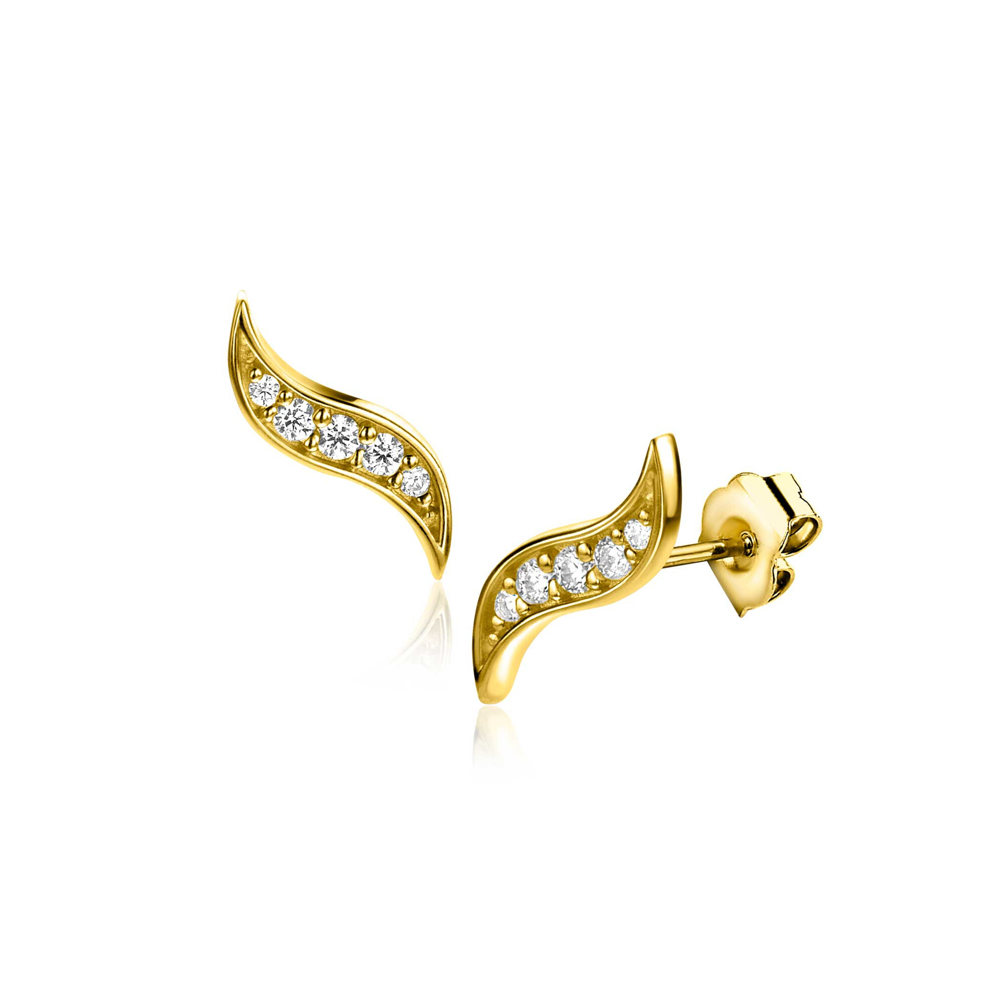 10mm ZINZI Gold 14 ct gold fantasy stud earrings in a leaf shape with 5 white cubic zirconias ZGO516