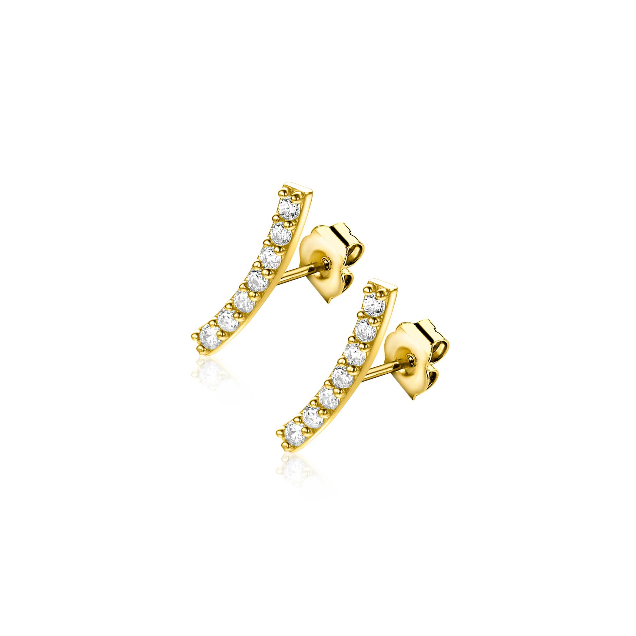 11mm ZINZI Gold 14 ct gold stud earrings in a quarter circle, set with seven white cubic zirconias ZGO517