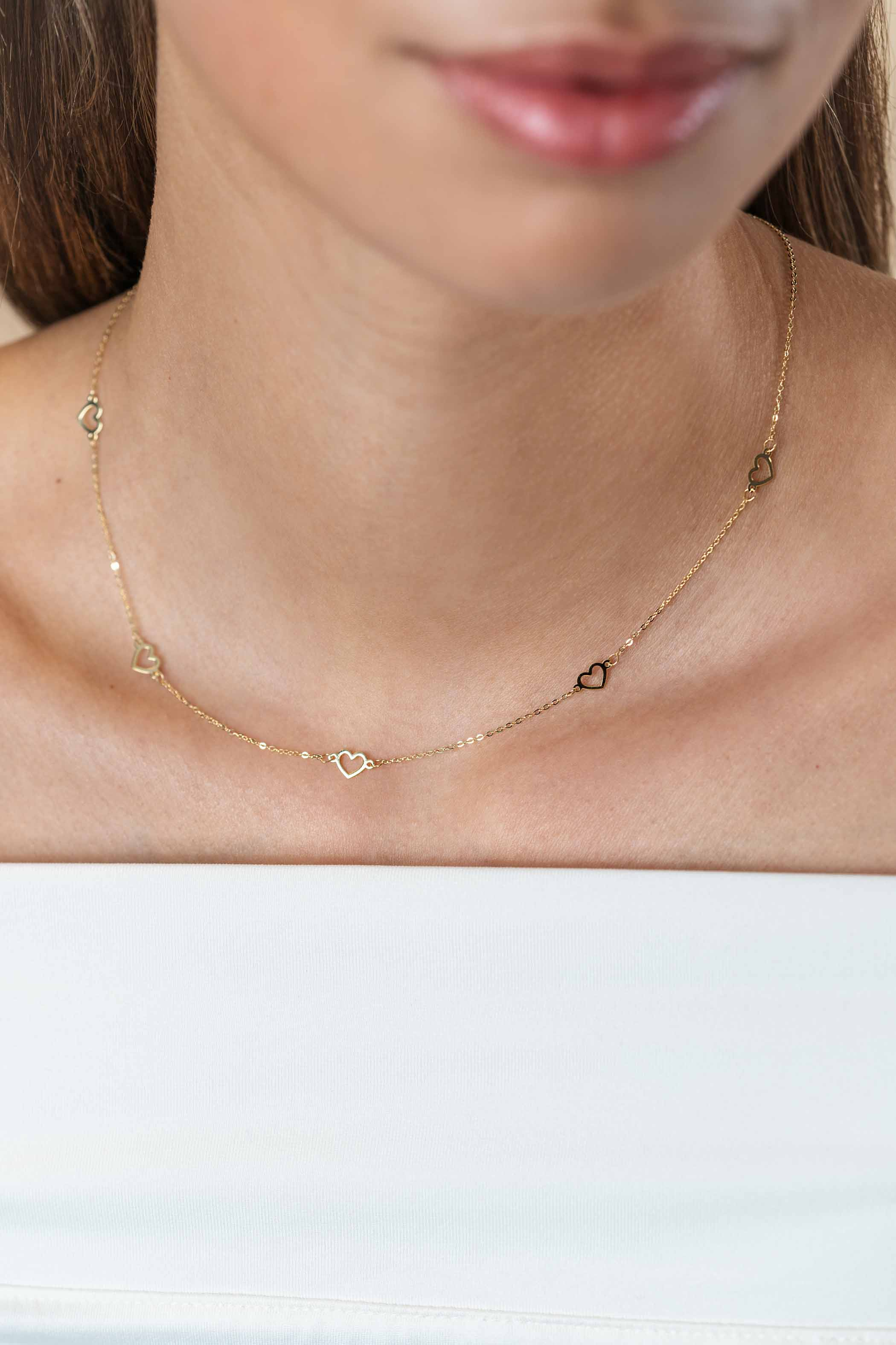 ZINZI Gold 14 carat gold necklace with delicate jasseron links and five open hearts, 5mm wide, 42-45cm ZGC504
