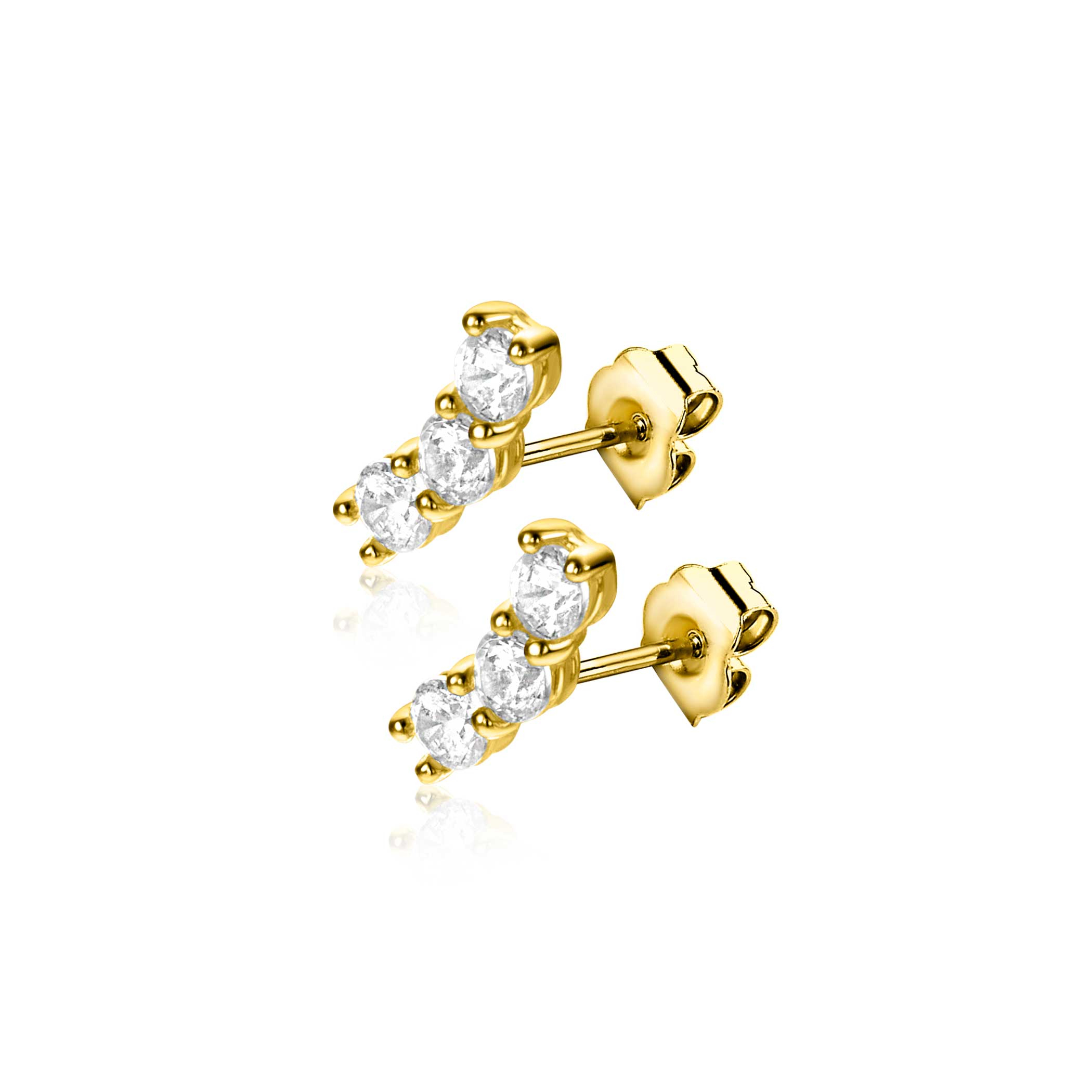 7mm ZINZI Gold 14 ct gold stud earrings with three white cubic zirconias in a row setting ZGO515
