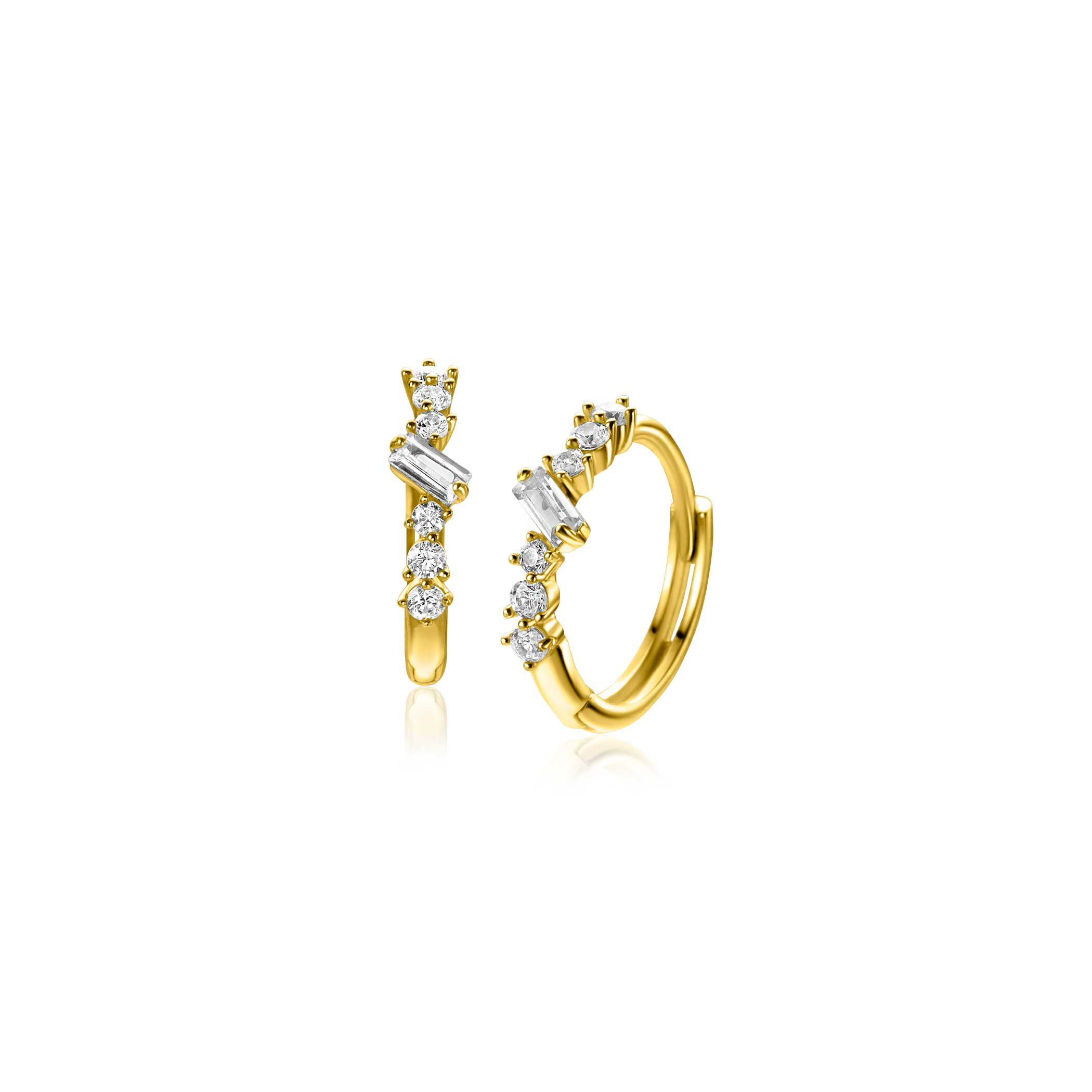 13mm ZINZI Gold 14 ct gold hoop earrings with rectangular baguette-cut zirconias and six round white cubic zirconias, with luxury clip closure 13 x 2mm ZGO528