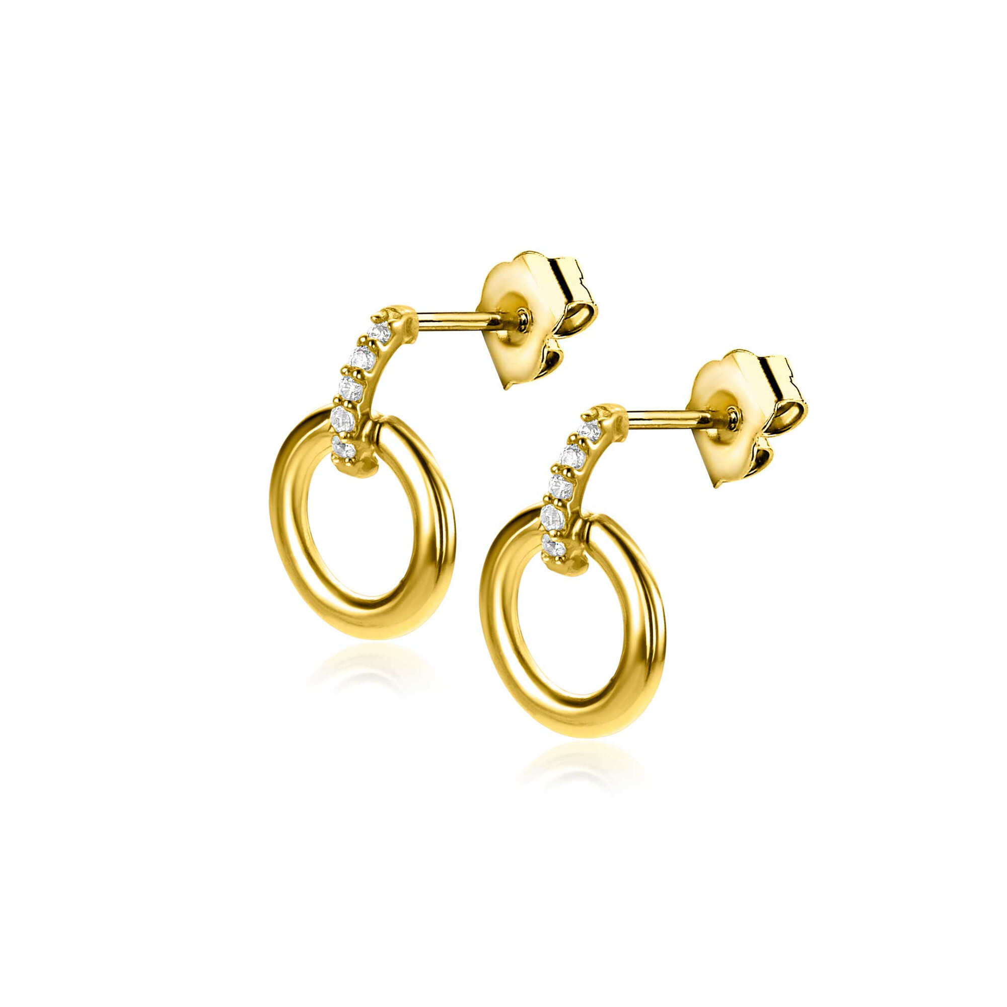 11mm ZINZI Gold 14 ct gold round stud earrings with tops set with white cubic zirconias ZGO512
