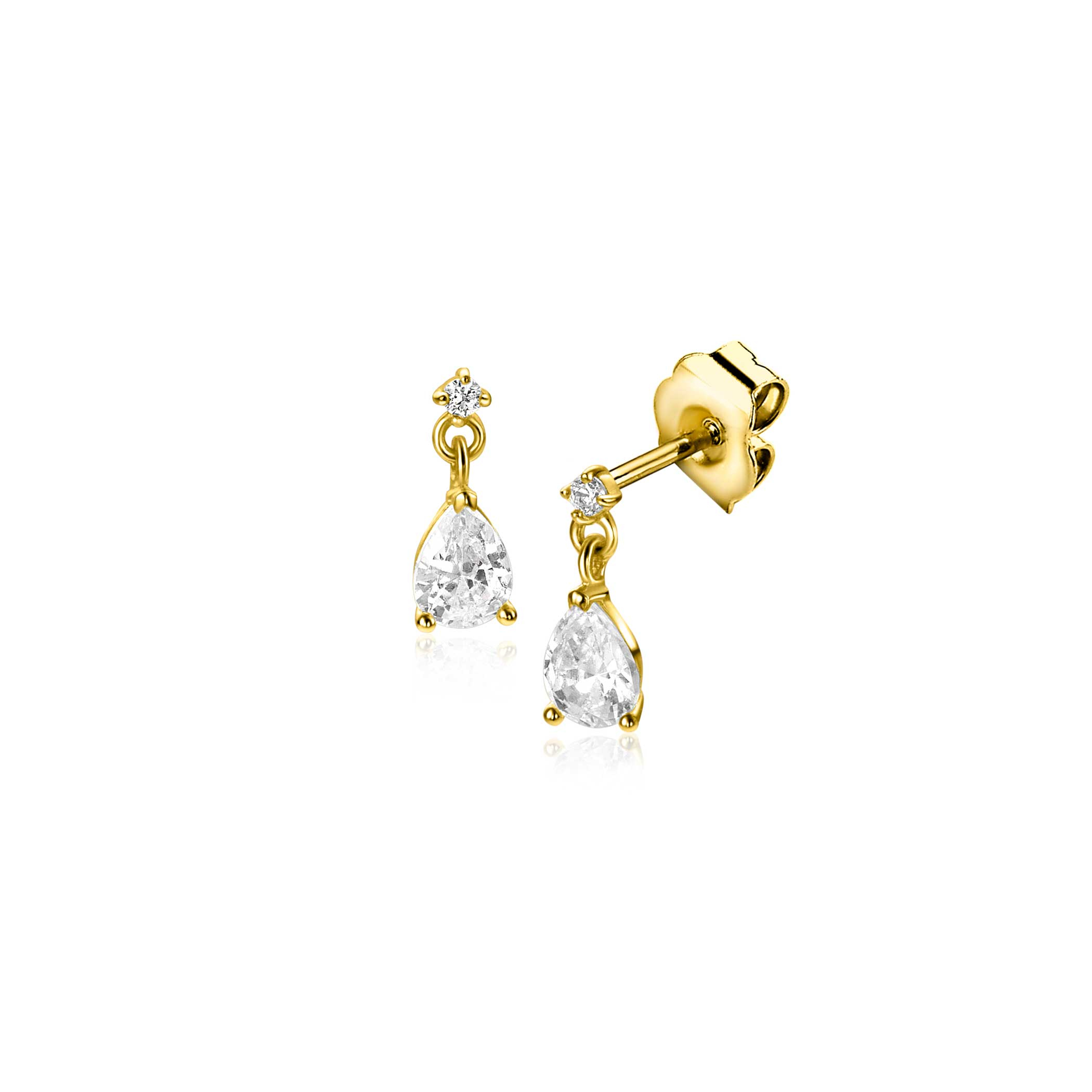 8mm ZINZI Gold 14 ct gold stud earrings with a pear-shaped and round white cubic zirconia ZGO514