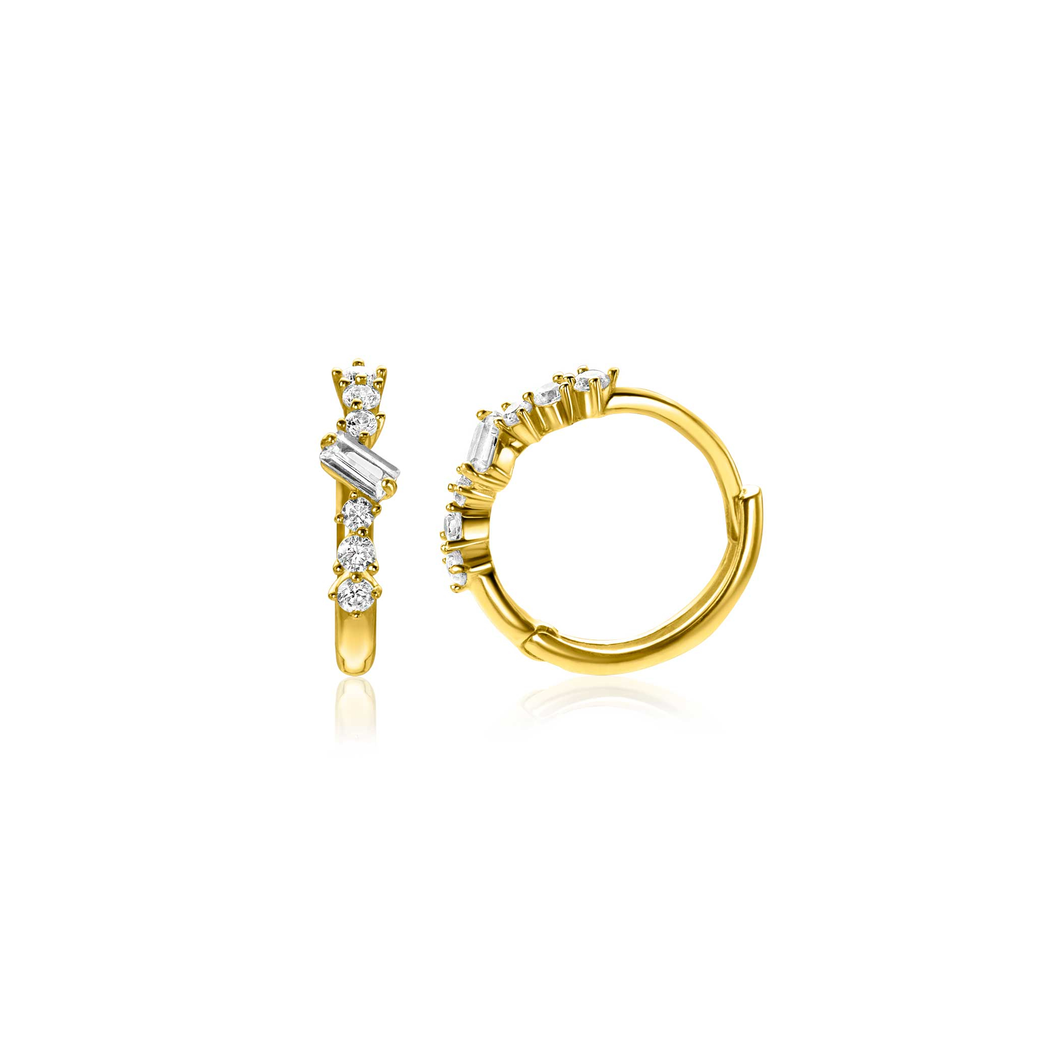 13mm ZINZI Gold 14 ct gold hoop earrings with rectangular baguette-cut zirconias and six round white cubic zirconias, with luxury clip closure 13 x 2mm ZGO528