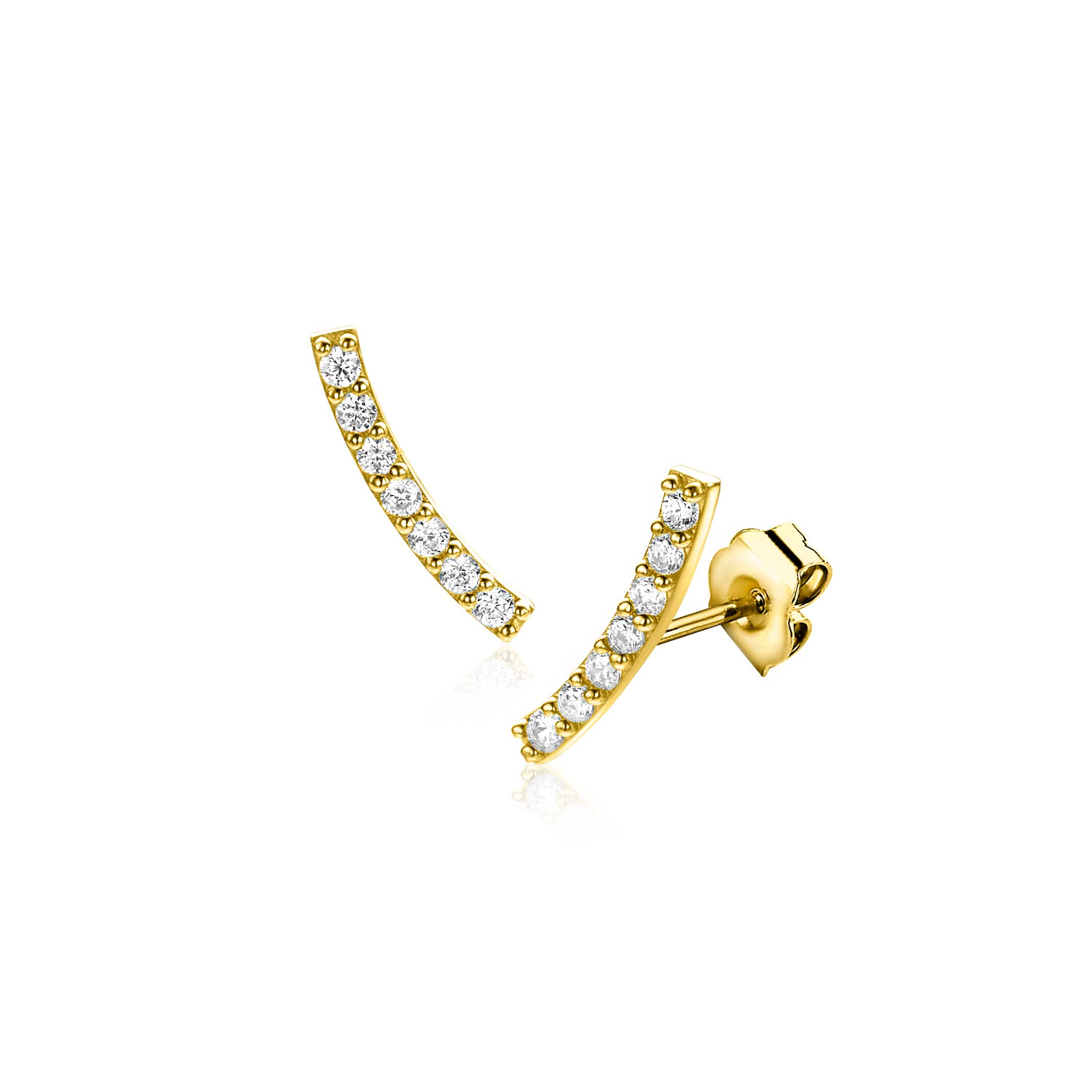 11mm ZINZI Gold 14 ct gold stud earrings in a quarter circle, set with seven white cubic zirconias ZGO517