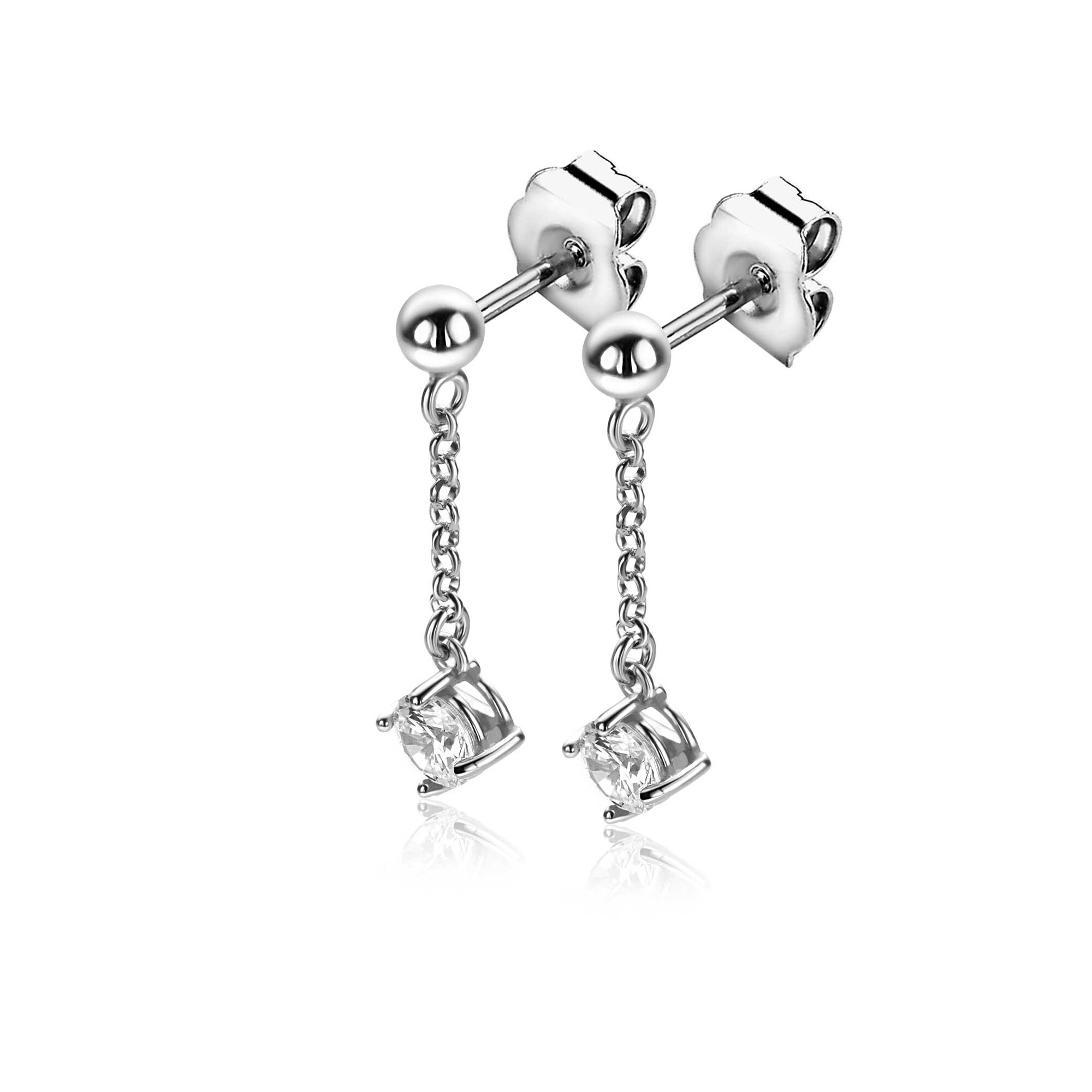 26mm ZINZI silver stud earrings with chain and a dangling round white cubic zirconia ZIO2660