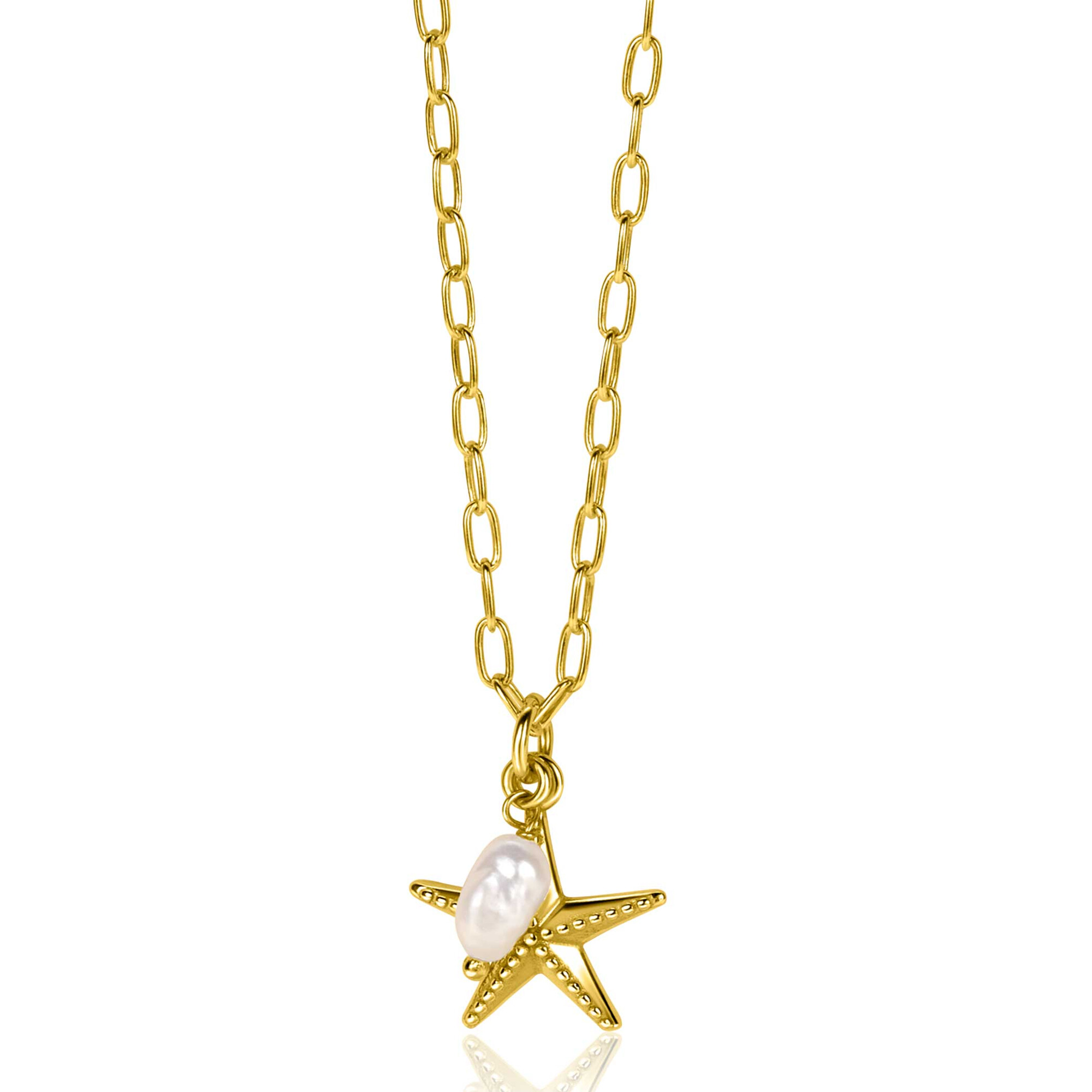ZINZI gold plated silver necklace with paperclip links and large starfish pendant with oval white freshwater pearl 40-45cm ZIC2641