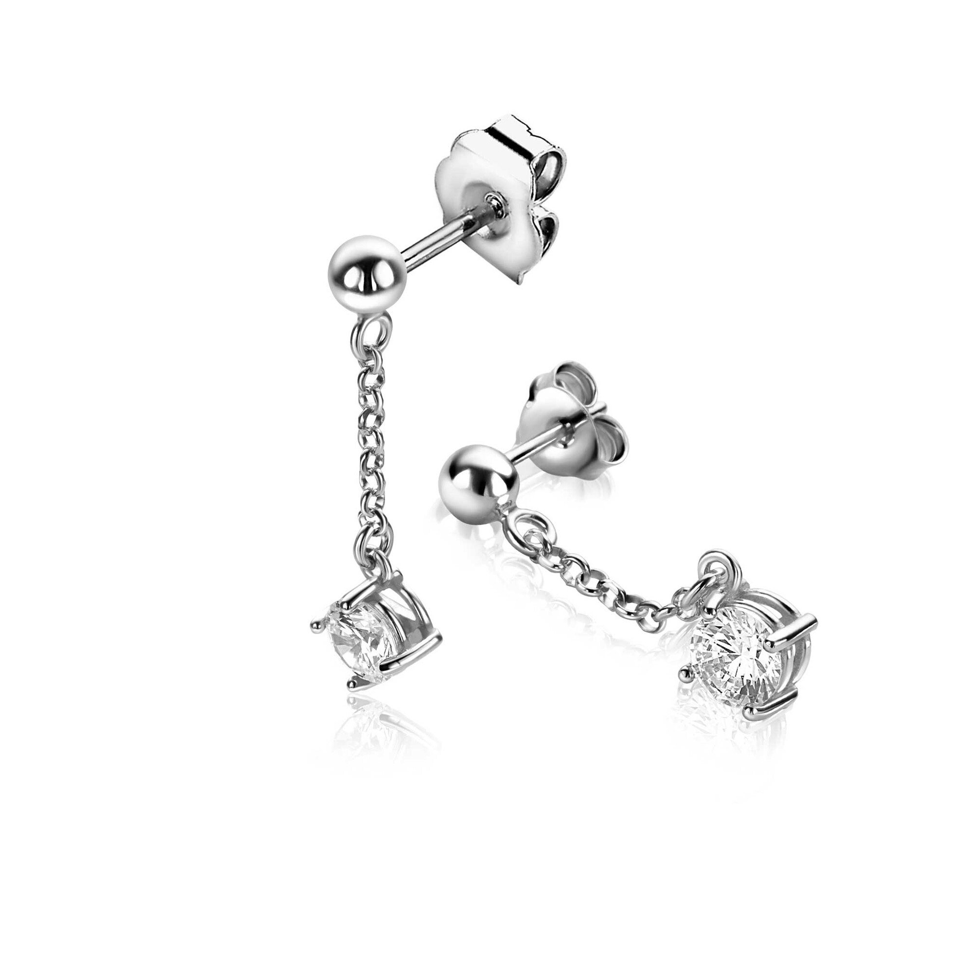 26mm ZINZI silver stud earrings with chain and a dangling round white cubic zirconia ZIO2660