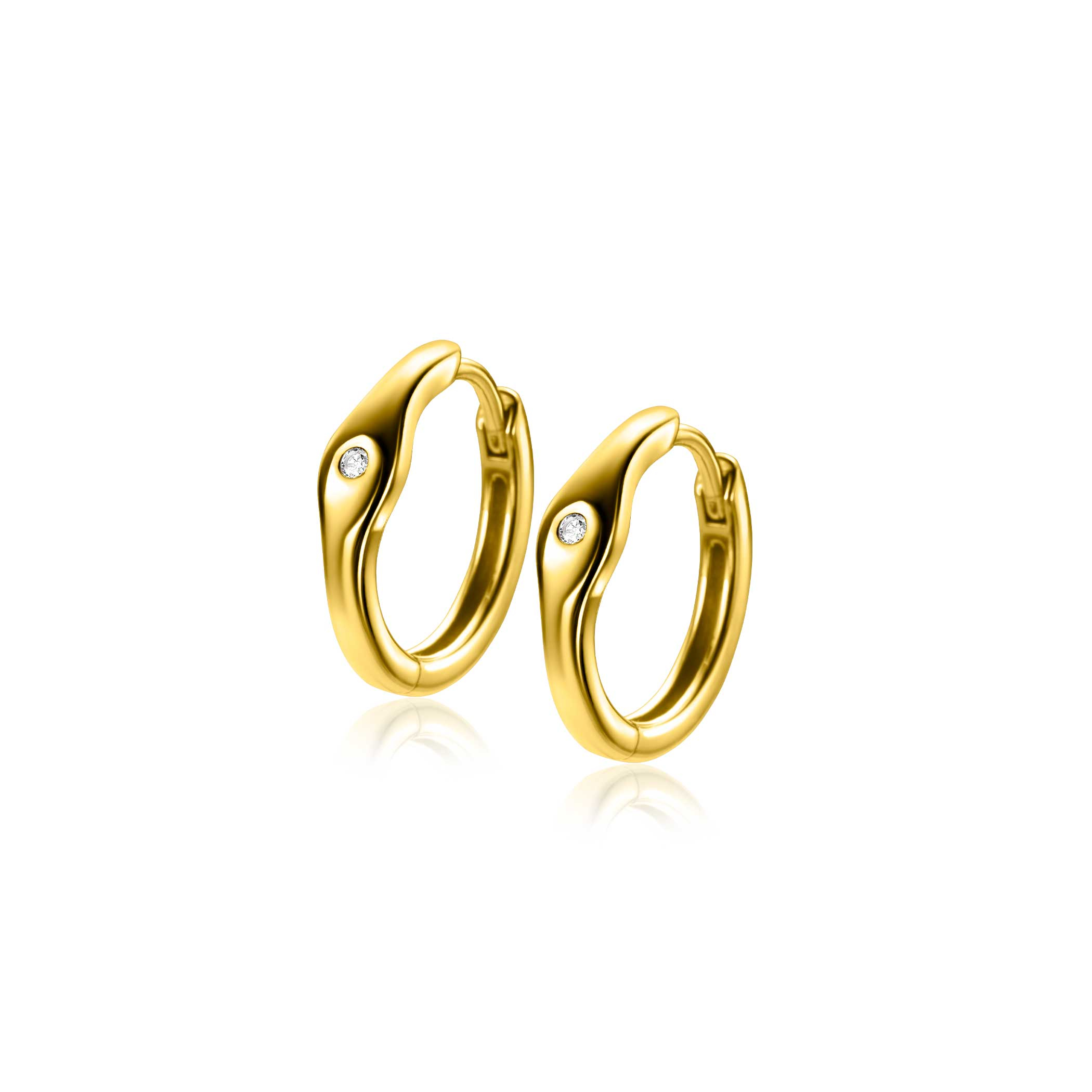 15mm ZINZI gold plated silver hoops organically shaped, set with white zirconia and with luxury hinge closure ZIO2628