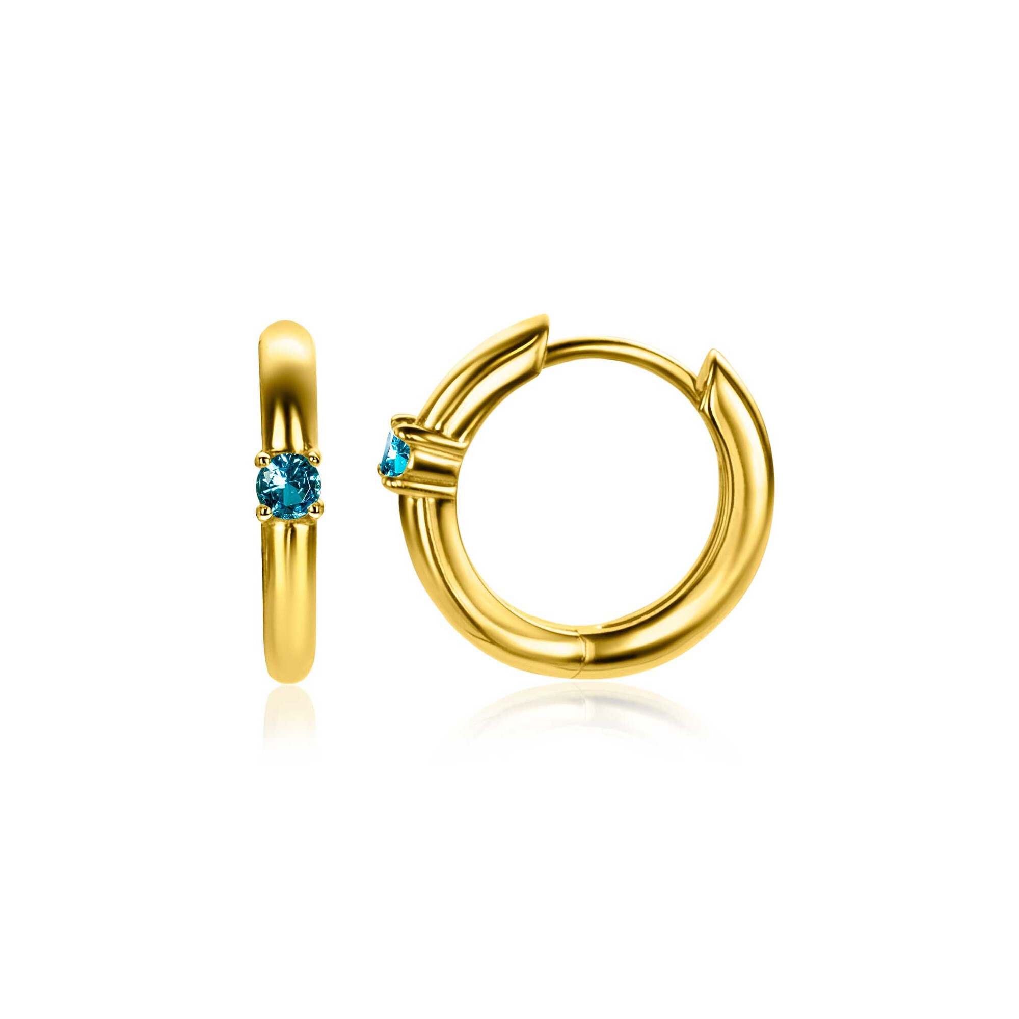 MARCH Hoop Earrings 13mm Gold Plated with Birthstone Blue Aquamarine Zirconia