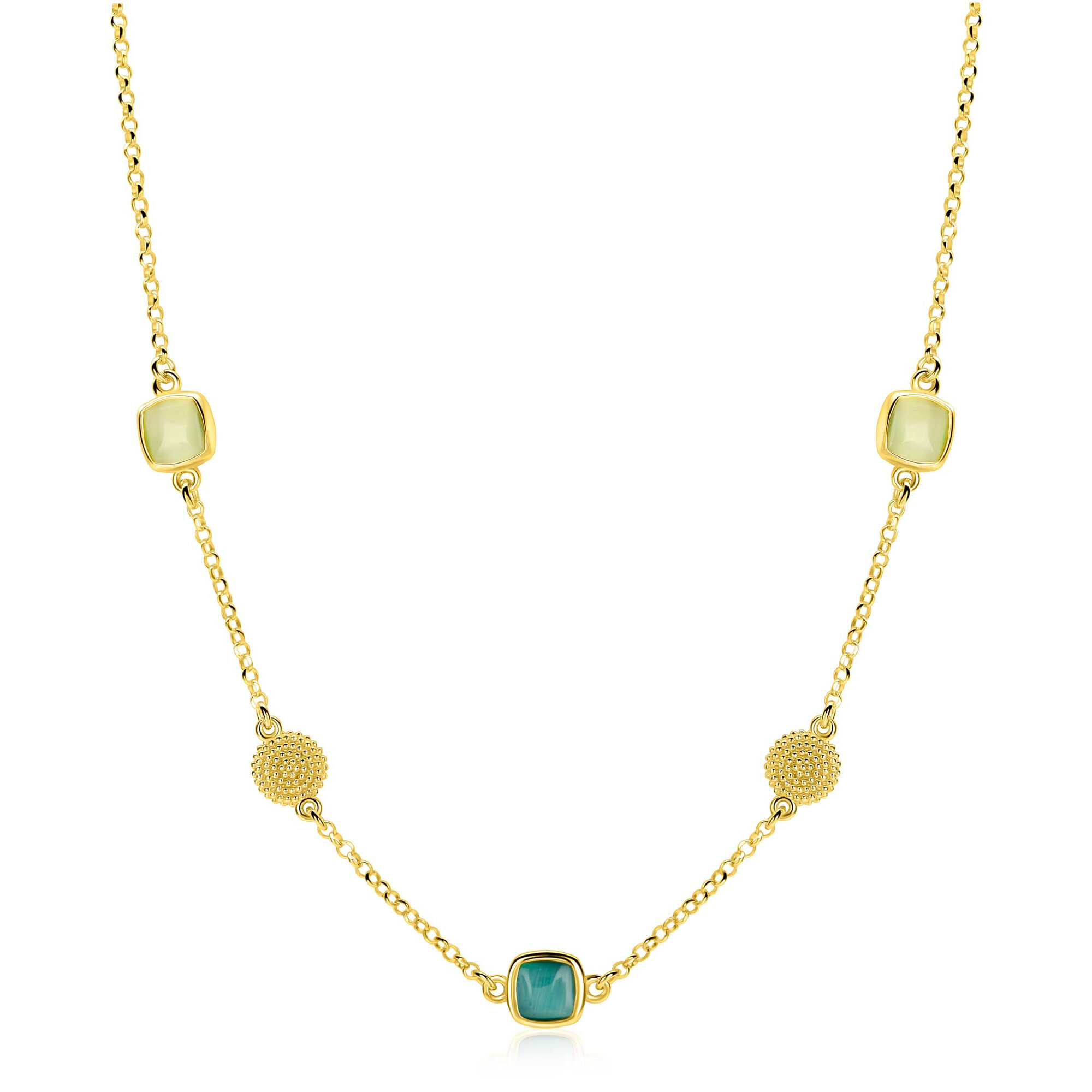 ZINZI zlv. collier gg.verg. met groen en bew.plaatjes