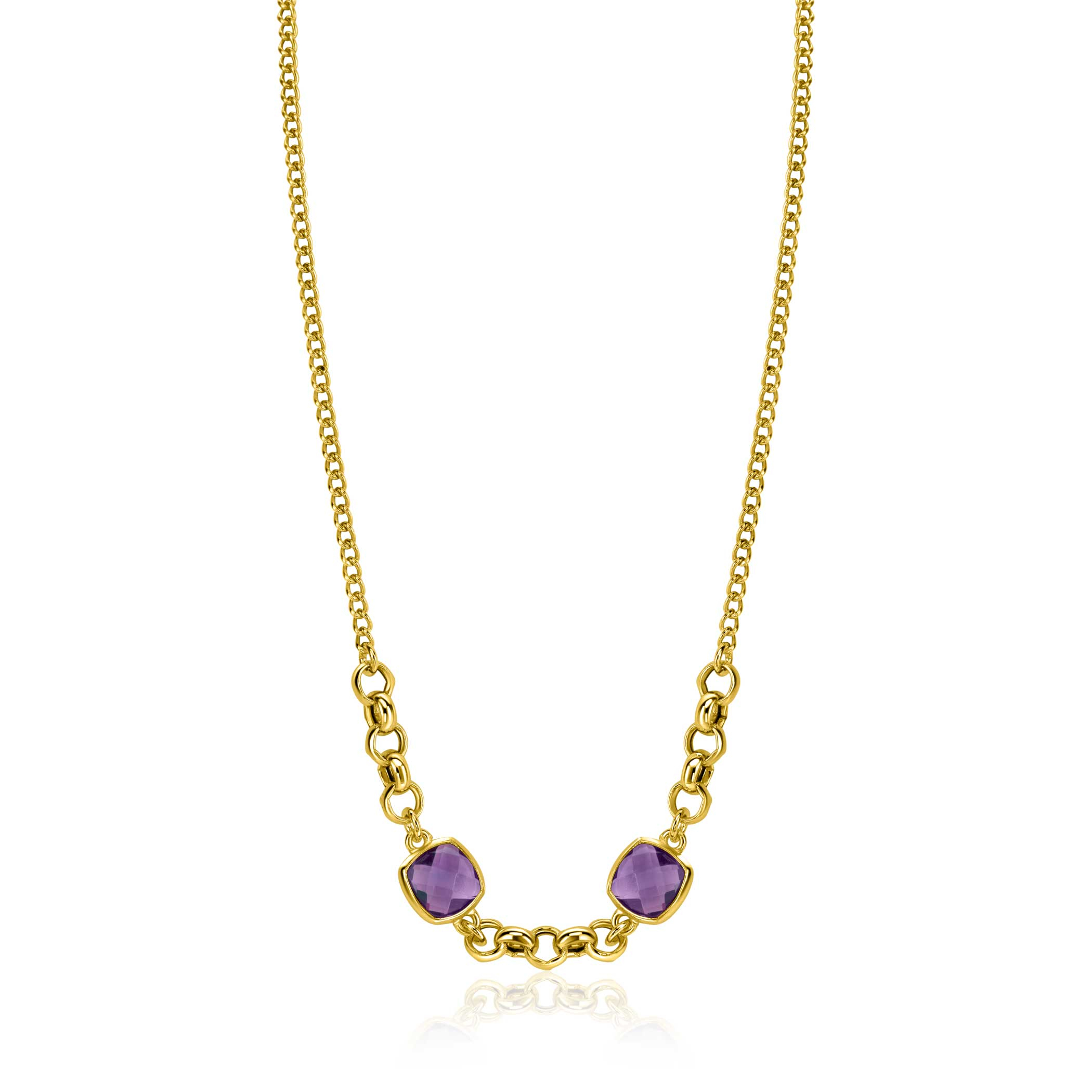 ZINZI gold-plated silver gourmet link necklace with two square purple gemstones, 40-45cm, ZIC-BF122