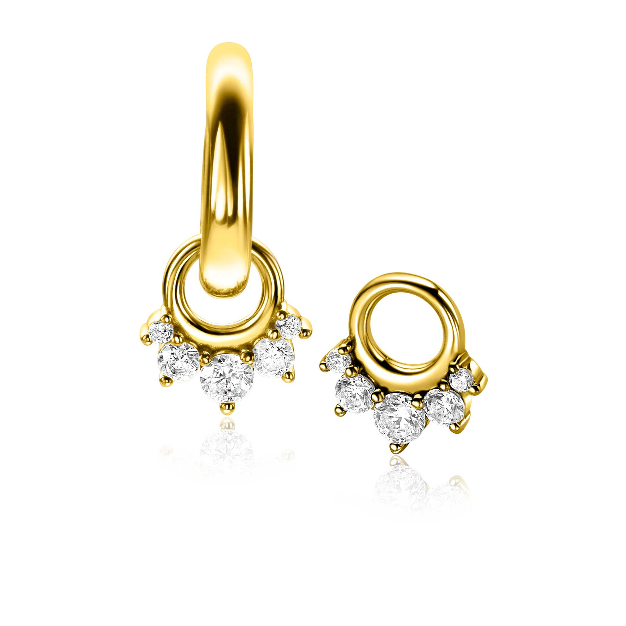 9mm ZINZI gold plated silver charm earrings with five round settings in descending size, set with white zirconias ZICH2632Y (without hoops earrings)