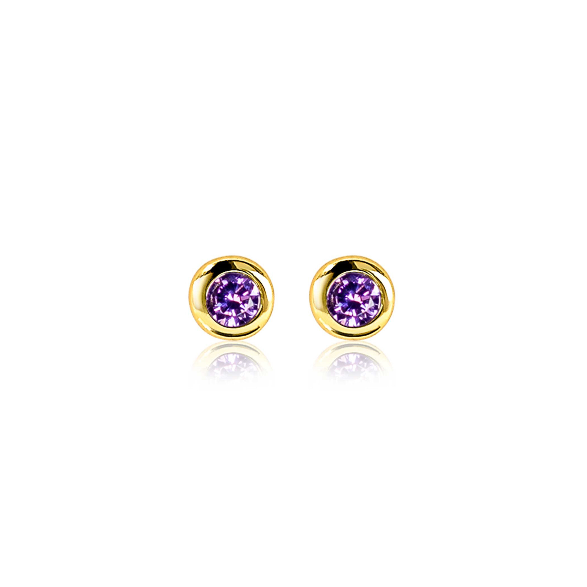 FEBRUARY Stud Earrings 4mm Gold Plated with Birthstone Purple Amethyst Zirconia