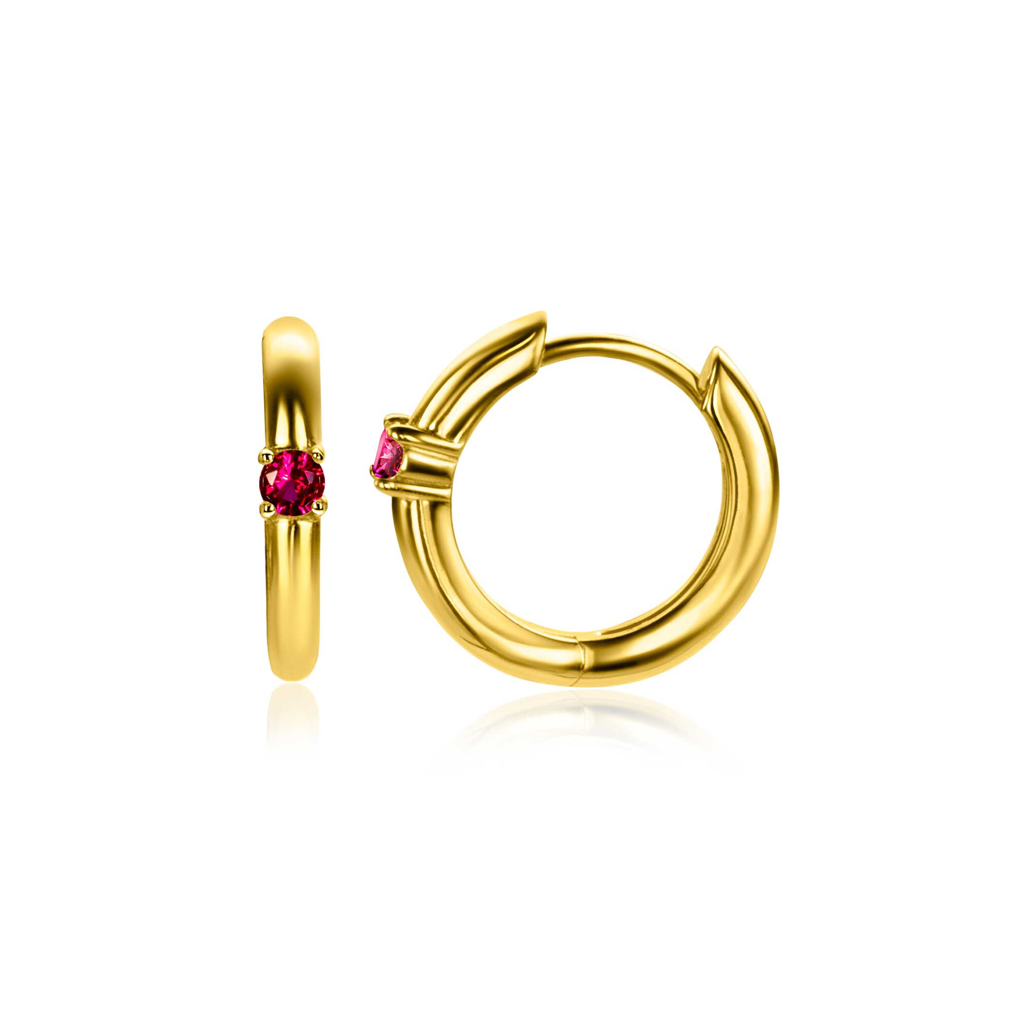 JULY Hoop Earrings 13mm Gold Plated with Birthstone Red Ruby Zirconia