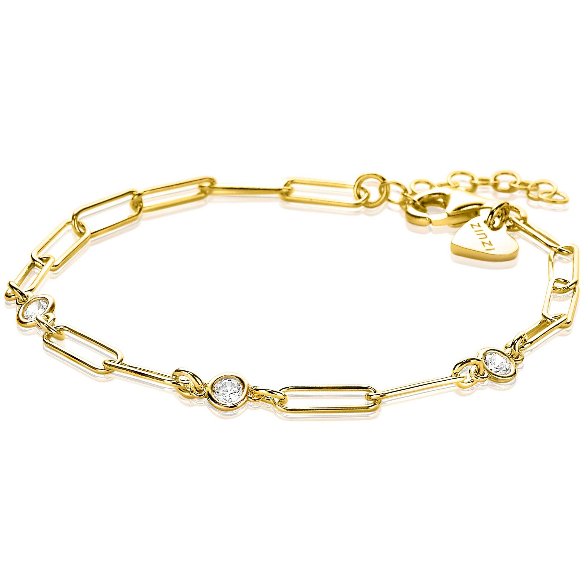 ZINZI Gold Plated Sterling Silver Bracelet Paperclip Chain and Round Zirconias 17-20cm  ZIA2079Y