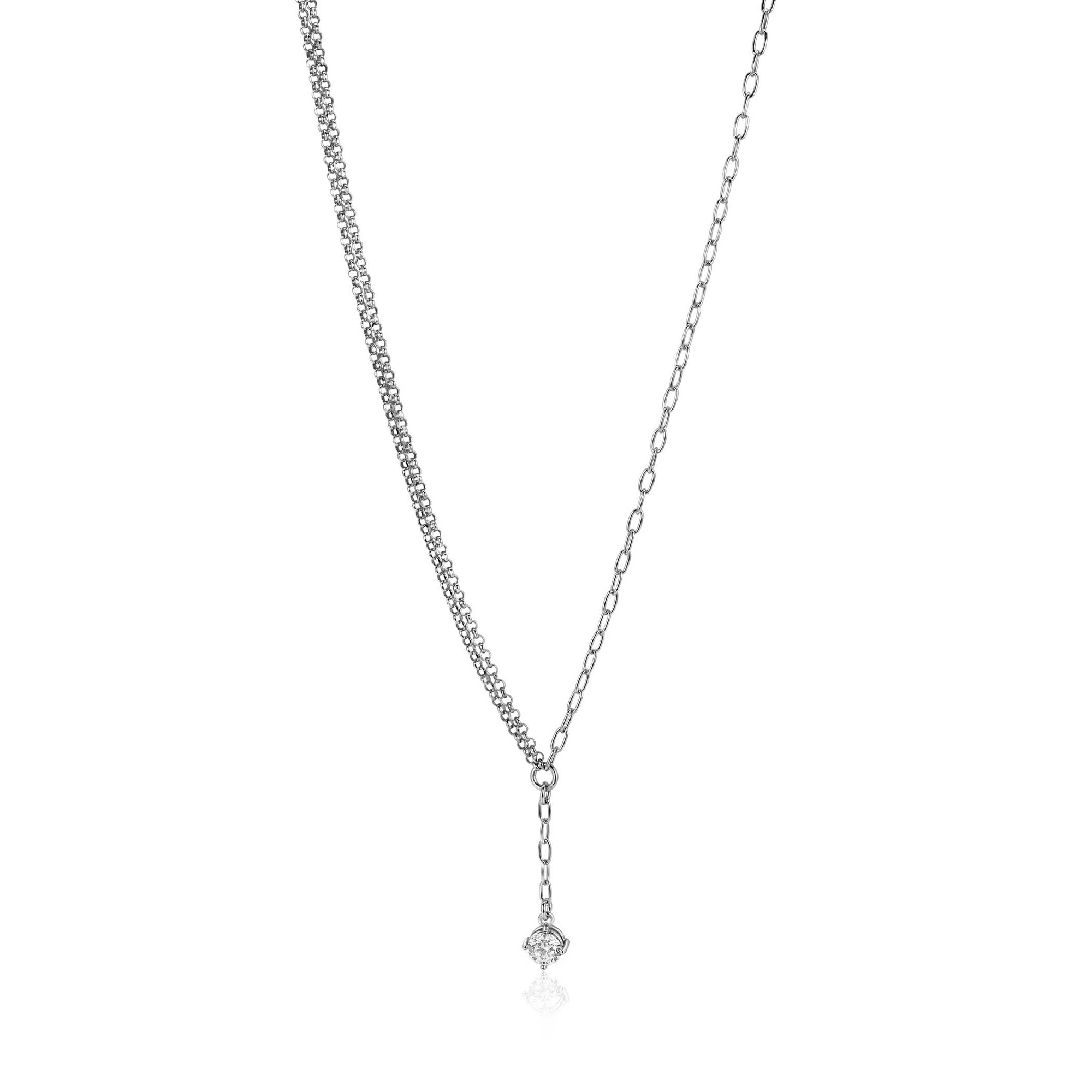 ZINZI silver Y-necklace with subtle links, dangling white round cubic zirconia 42-45cm ZIC2660
