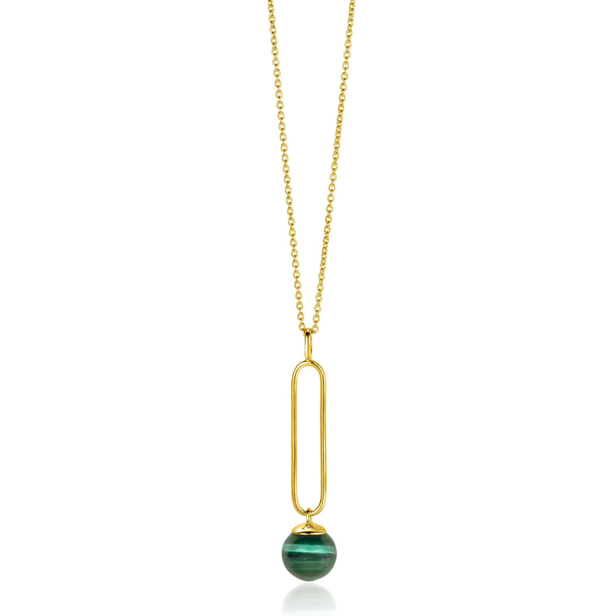 ZINZI Gold Plated Sterling Silver Necklace with Oval Pendant and Dangling Bead in Green Cat's Eye 40-45cm ZIC2420