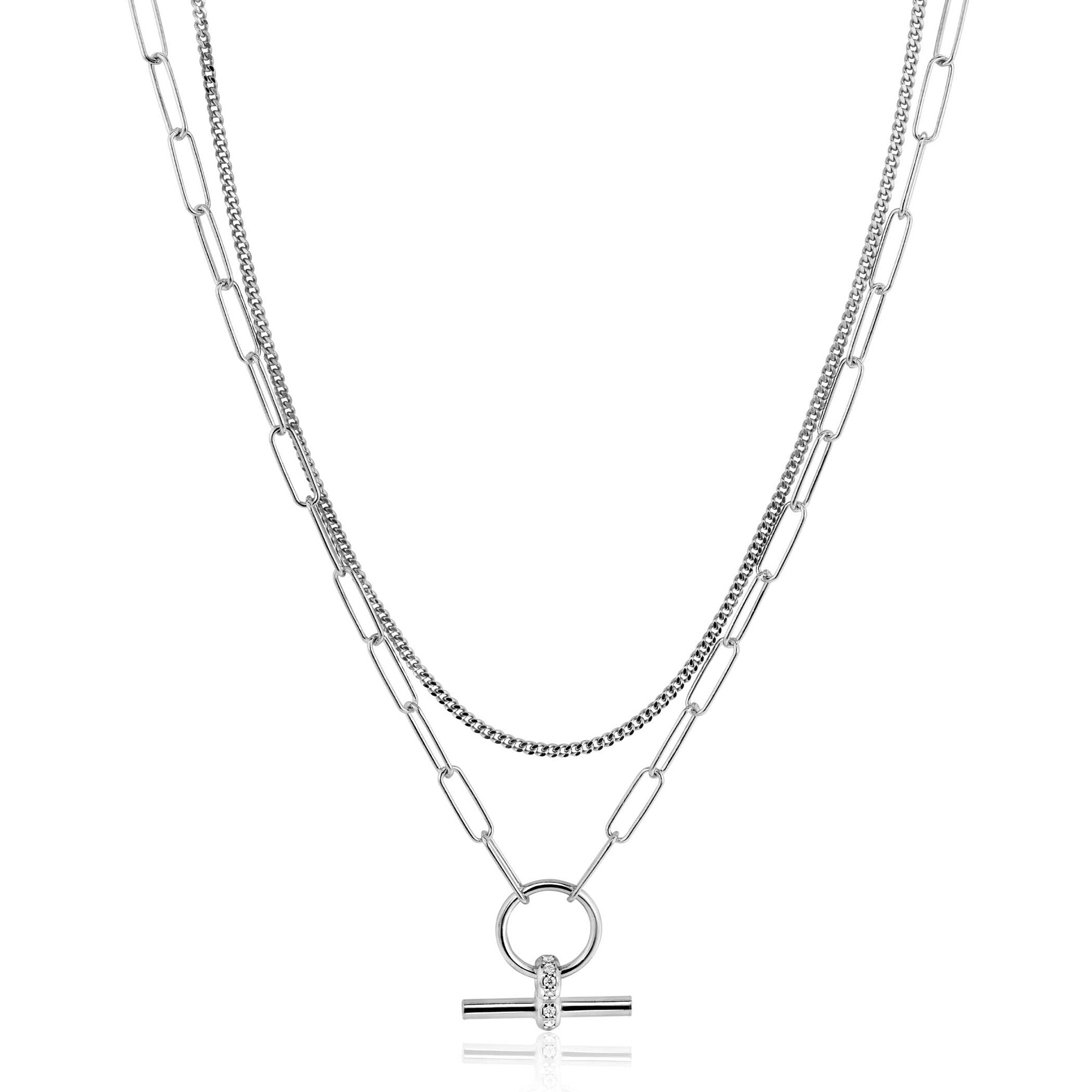 ZINZI Sterling Silver Multi-look Necklace 50cm: Combination of Curb and Paperclip Chains with Trendy T-Bar Set with White Zirconias ZIC2462