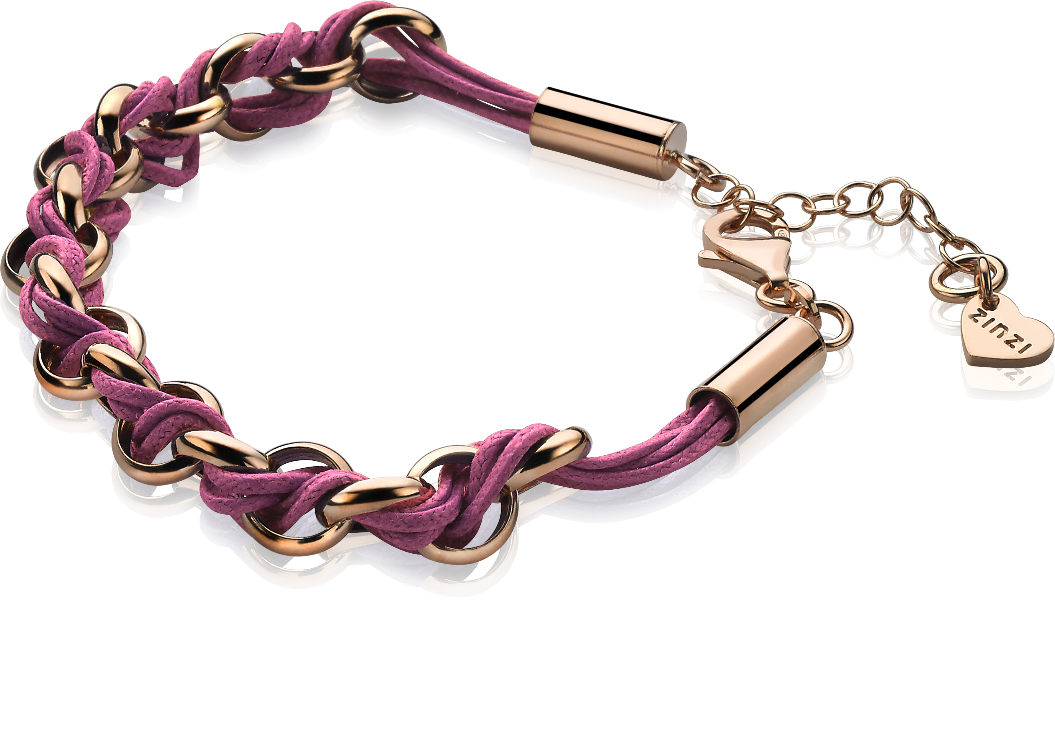 ZINZI Rose Gold Plated Sterling Silver Chain Bracelet with Rose Purple Rope 18,5-21cm ZIA1035RP