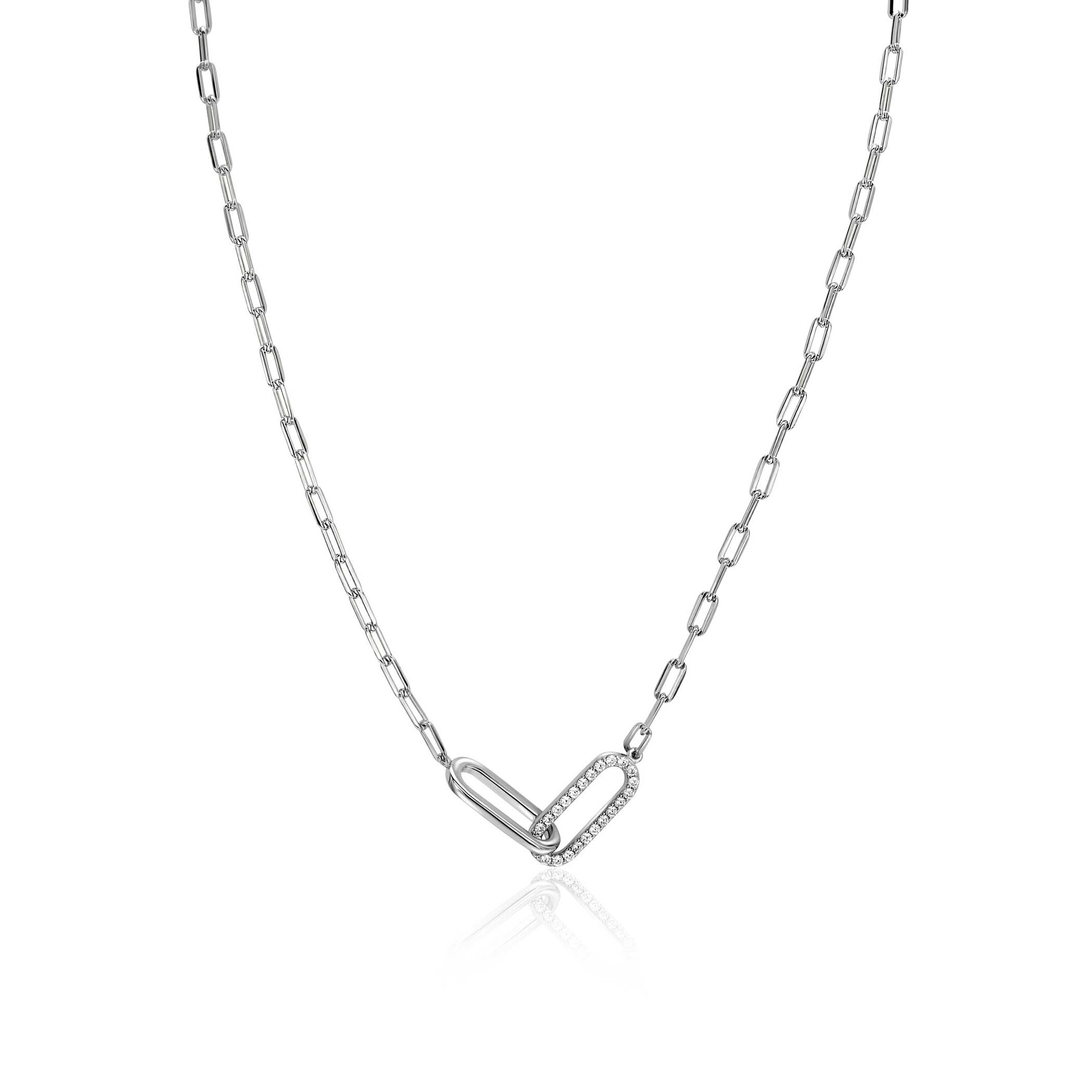 ZINZI silver paperclip link necklace with two connected links set with white cubic zirconias 40-45cm ZIC2690