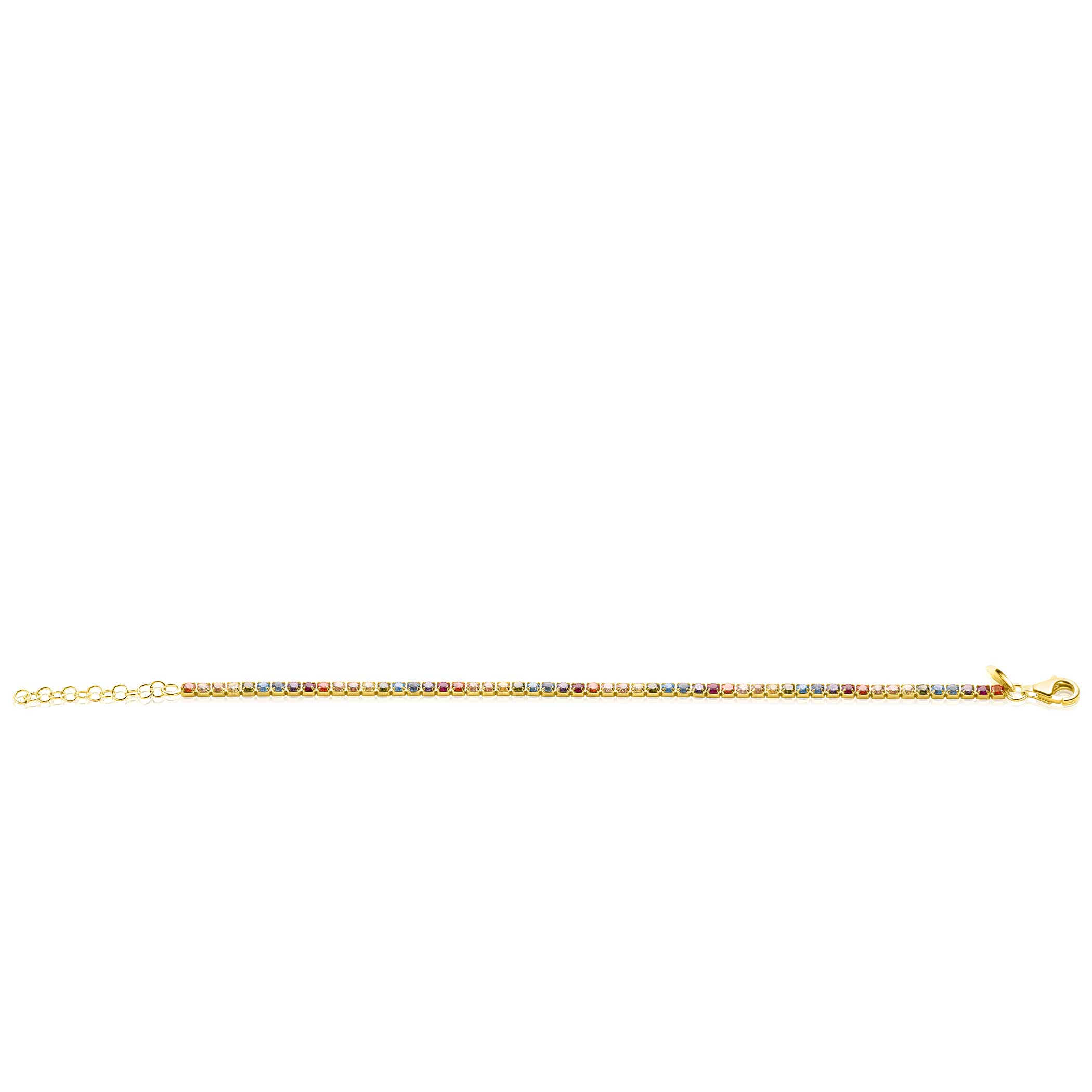 ZINZI gold plated silver tennis bracelet 3mm wide, set with rainbow-colored gemstones in square settings 17-20cm ZIA2666