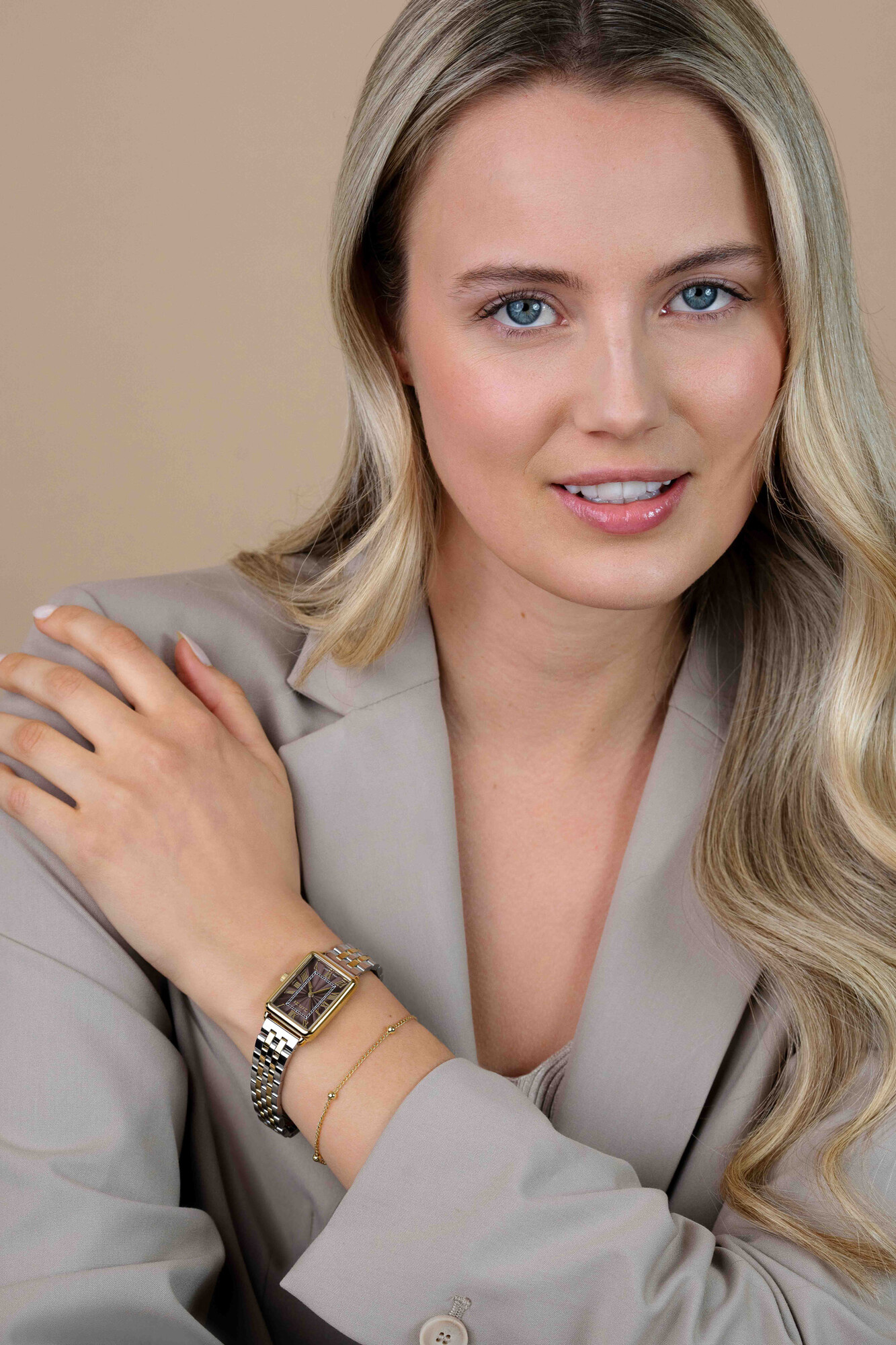 ZINZI Elegance Watch 28mm Brown Dial and Rectangular Case Stainless Steel bicolor Chain Strap Japanese movement ZIW1936