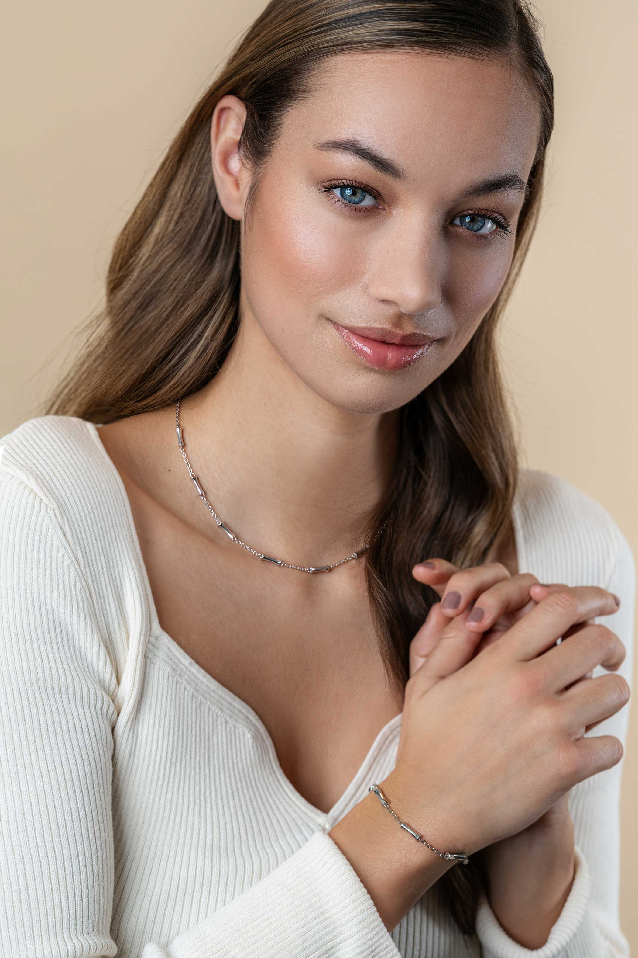 ZINZI silver link necklace with seven smooth bamboo shapes 40-45cm ZIC2577
