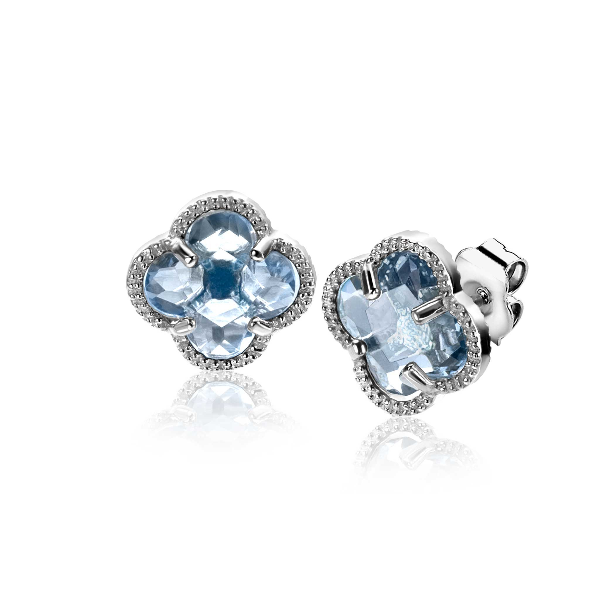 9mm ZINZI silver stud earrings in clover shape with light blue cubic zirconia ZIO2663B