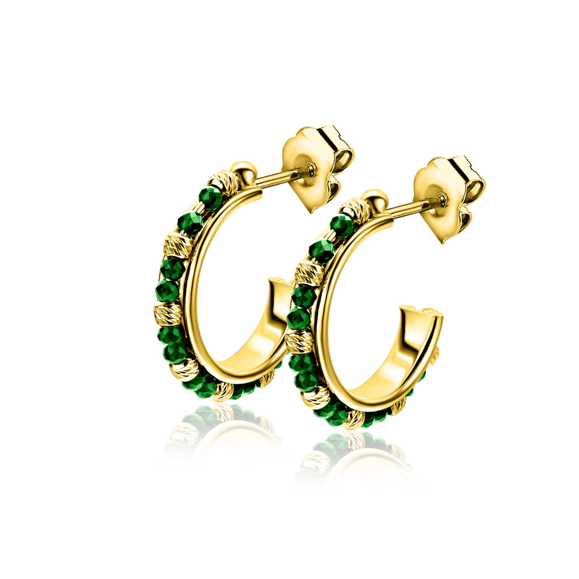 20mm ZINZI gold-plated silver stud earrings with round green beads and detailed spheres, ZIO-BF129