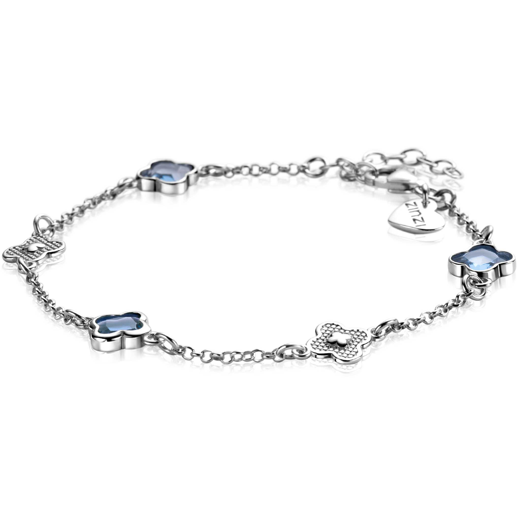 ZINZI silver link bracelet with two silver and three blue clovers 16-19cm ZIA2582
