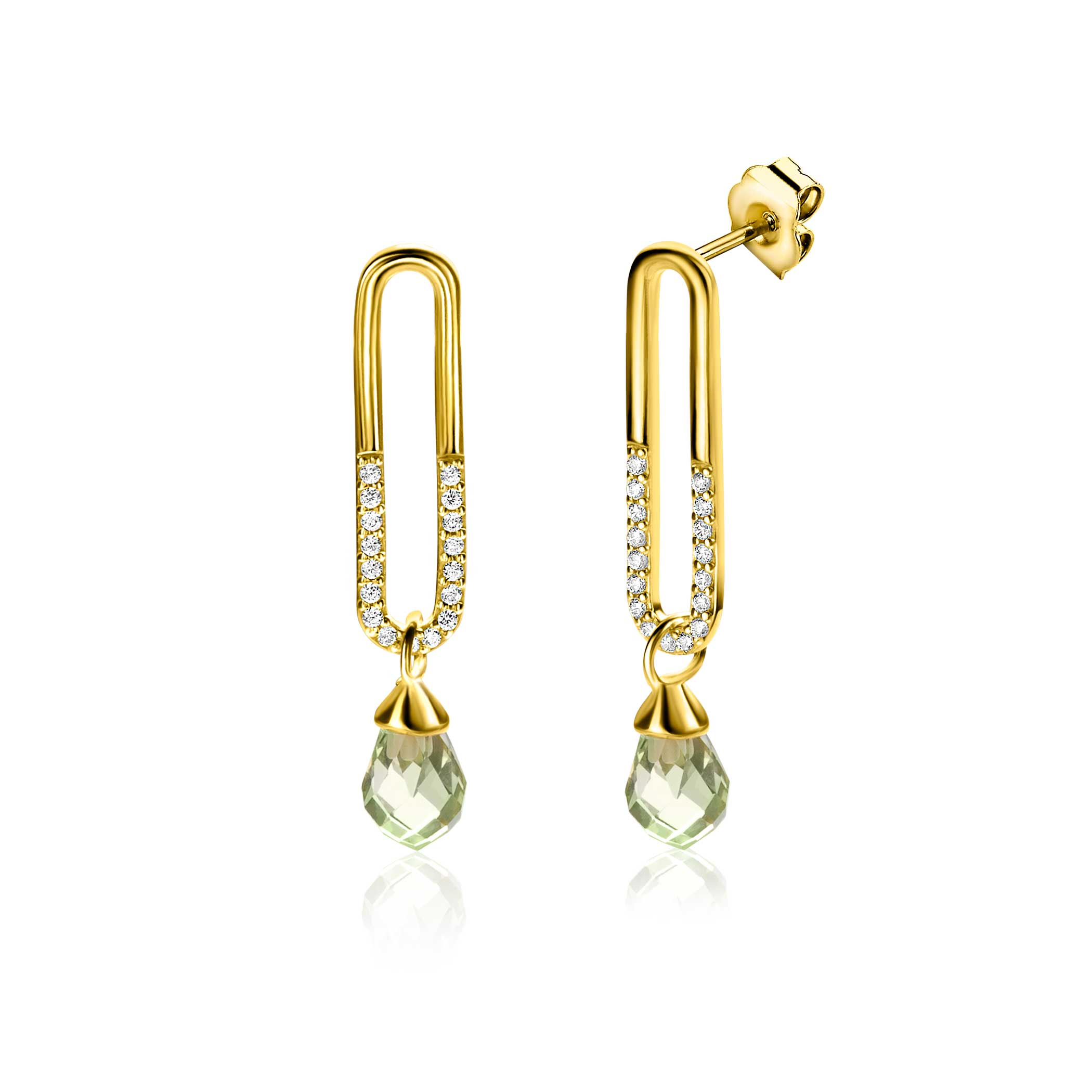 30mm ZINZI Gold Plated Sterling Silver Stud Earrings with Trendy Open Oval Shape and Green Peridot Drop Charm ZIO2430