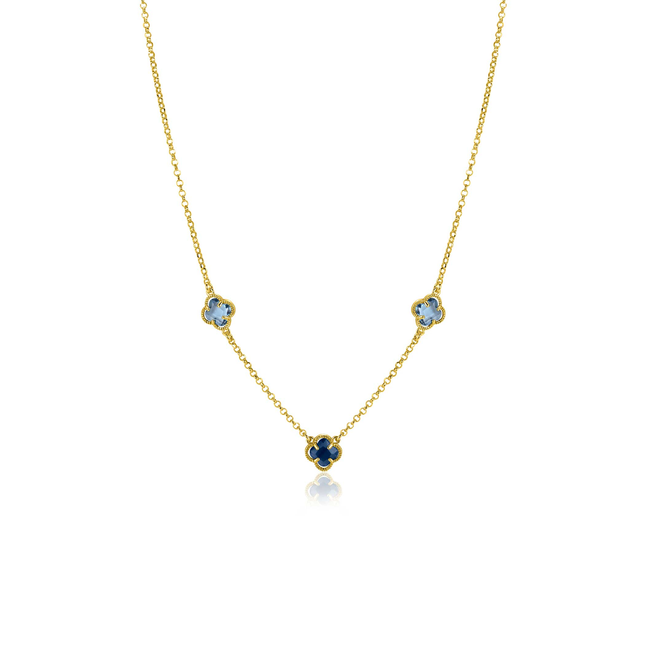 ZINZI gold plated silver link necklace with two light blue clovers and one dark blue clover 42-45cm ZIC2662B