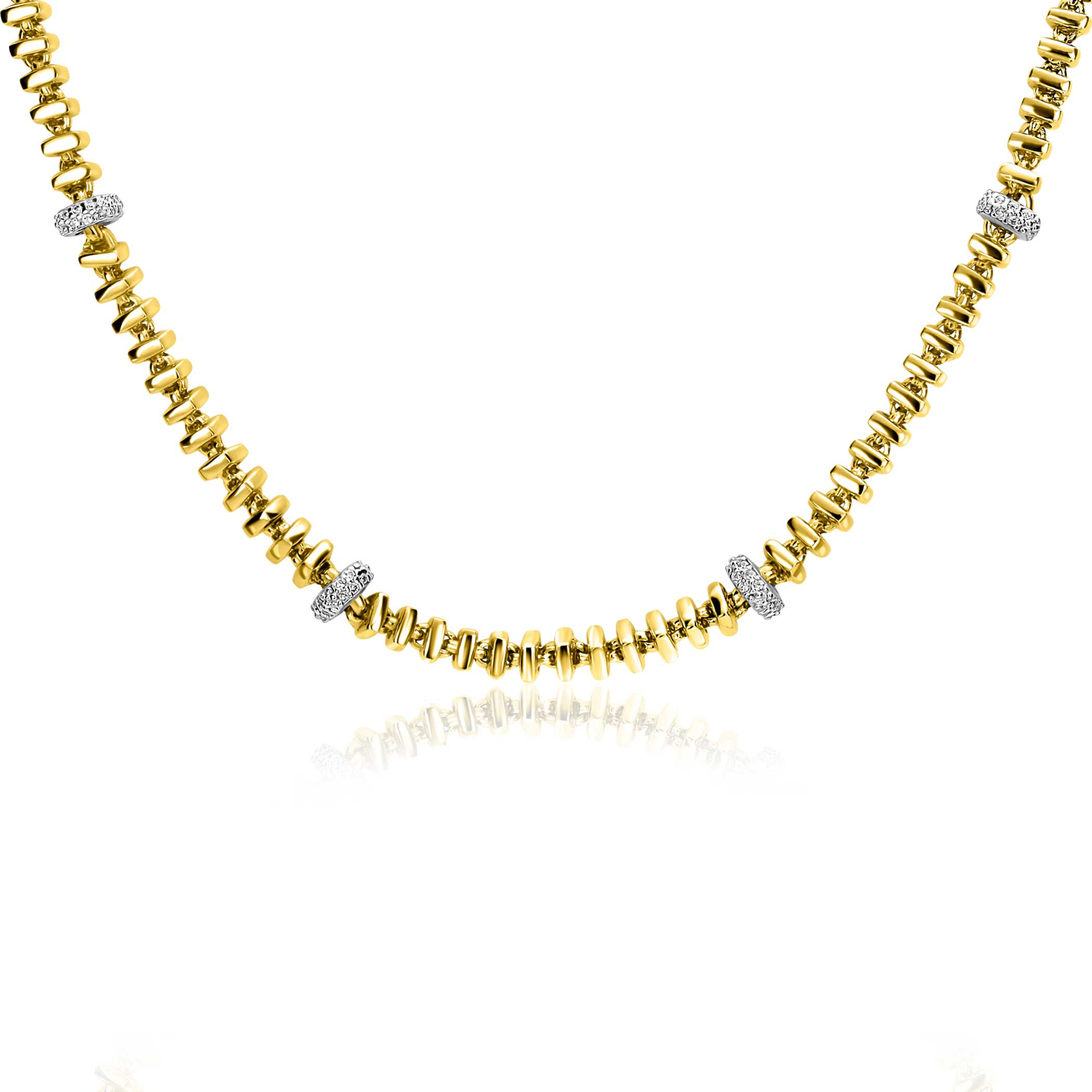 ZINZI gold plated silver square link necklace 6mm wide, alternately set with white cubic zirconias 45cm ZIC2678Y
