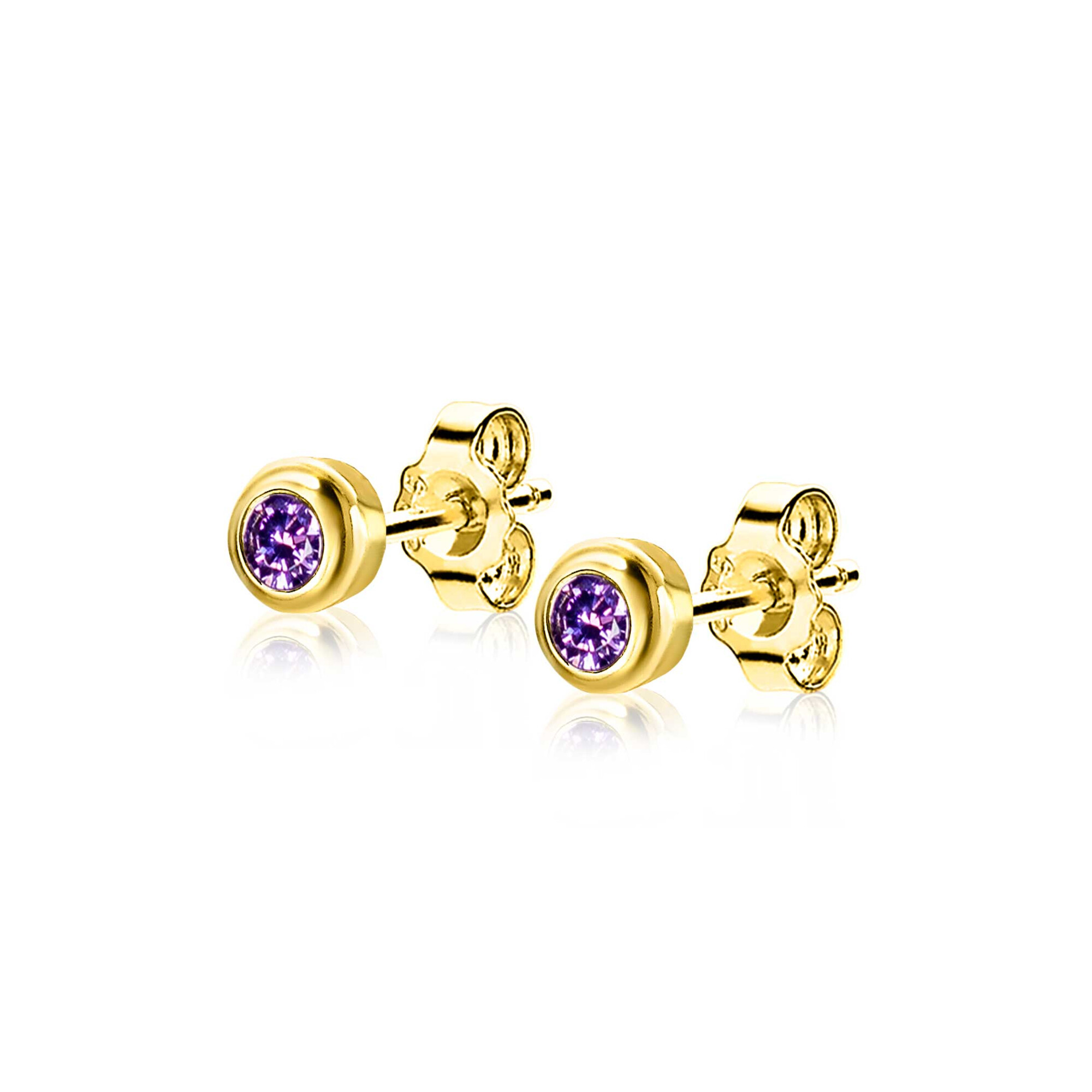 FEBRUARY Stud Earrings 4mm Gold Plated with Birthstone Purple Amethyst Zirconia