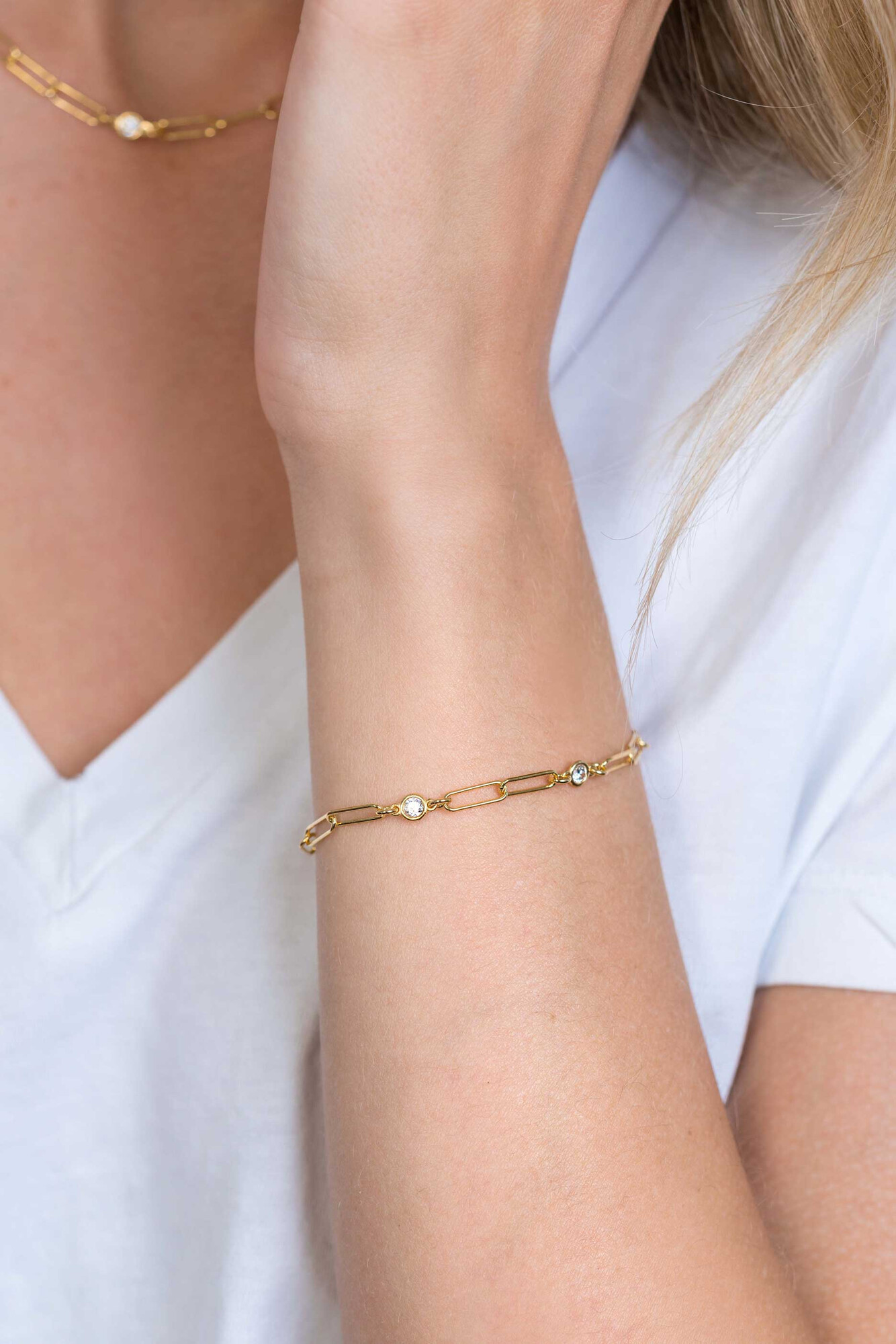 ZINZI Gold Plated Sterling Silver Bracelet Paperclip Chain and Round Zirconias 17-20cm  ZIA2079Y