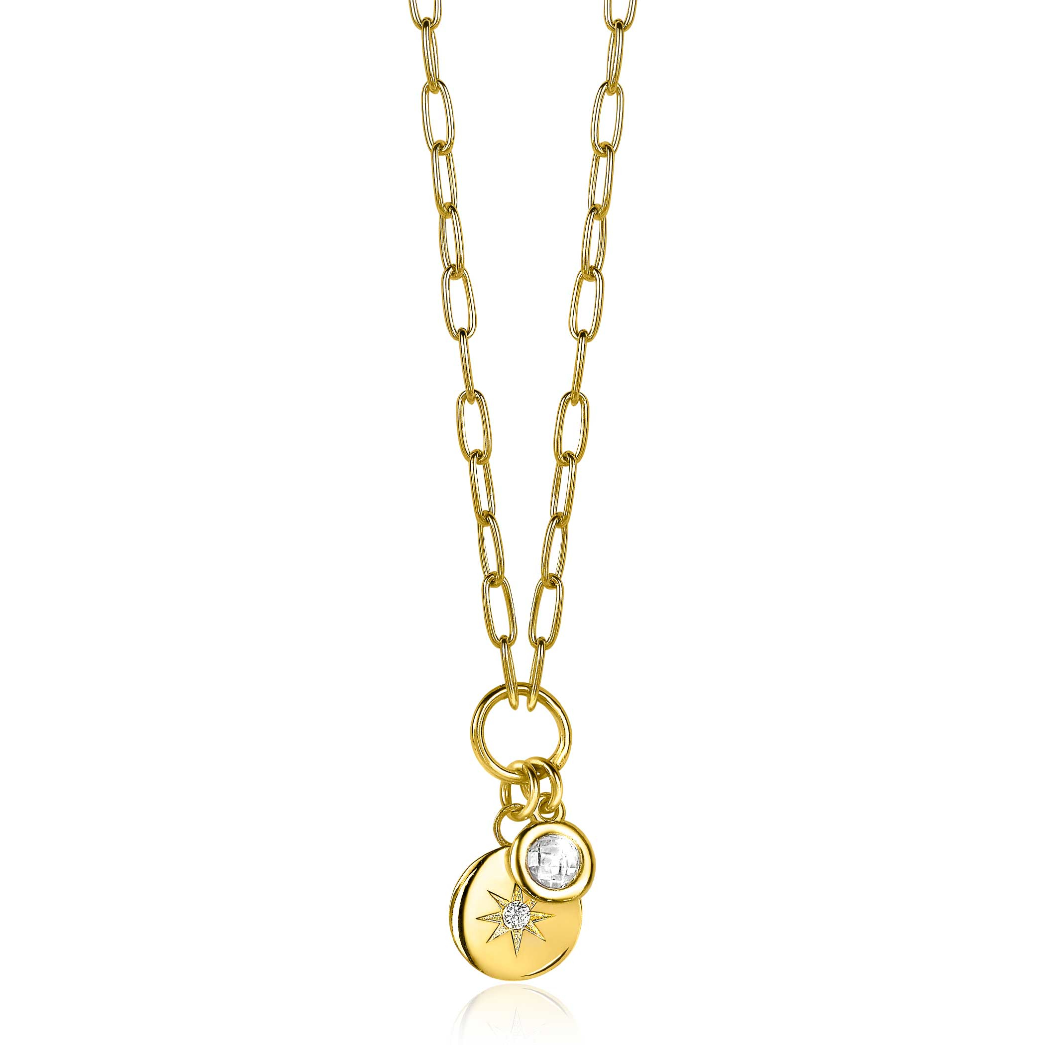 ZINZI Gold Plated Sterling Silver Necklace Coin Pendant with Star and Round Pendant White Zirconia 45cm ZIC1994G