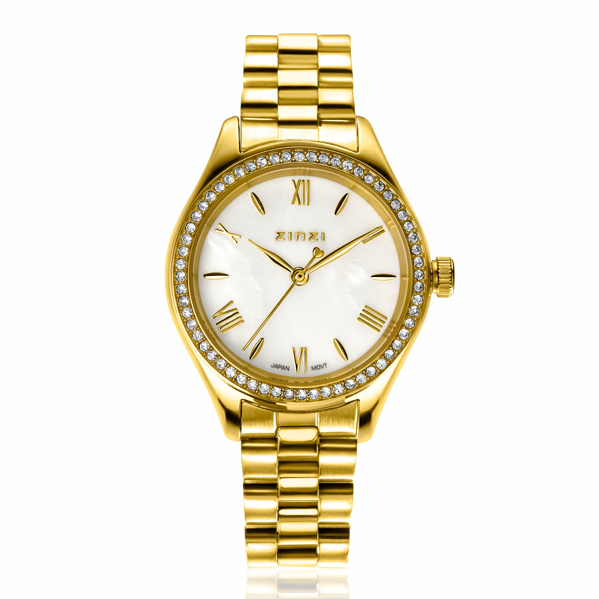 ZINZI Tresor watch 32mm set with white zirconia stones, mother-of-pearl dial, and gold-colored stainless steel case and link bracelet ZIW2434