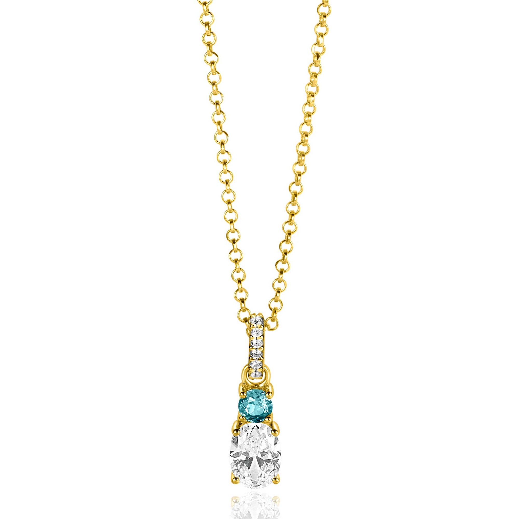 19mm ZINZI Gold Plated Sterling Silver Pendant 2 Prong Settings Blue and White Zirconia with Luxurious Bail ZIH2438 (excl. necklace)