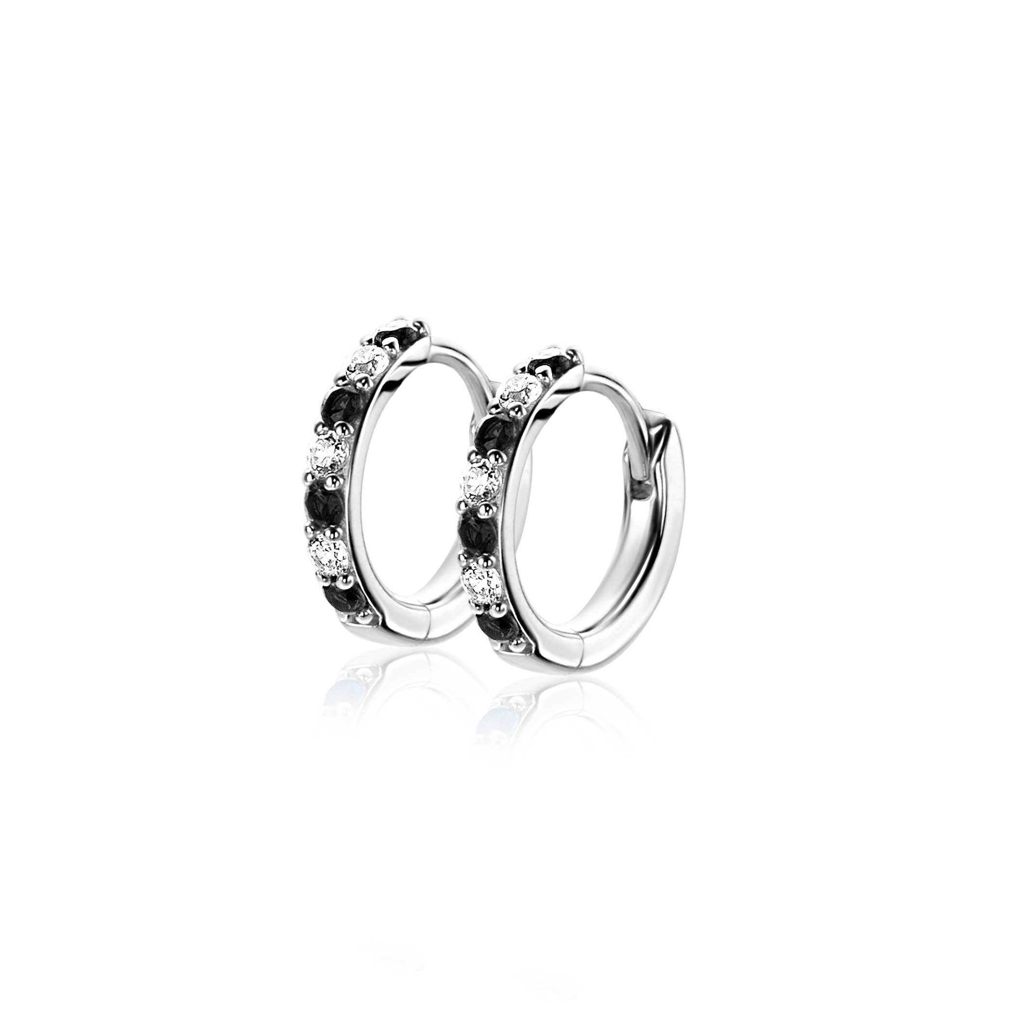 12mm ZINZI silver hoop earrings set with white and black cubic zirconias 2mm tube thickness with luxury clasp ZIO2559Z