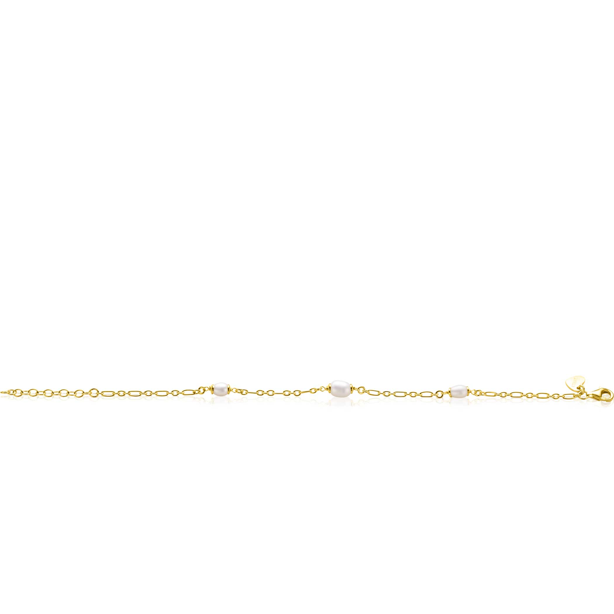 ZINZI gold plated silver chain bracelet with three oval white freshwater pearls 17-20cm ZIA2588