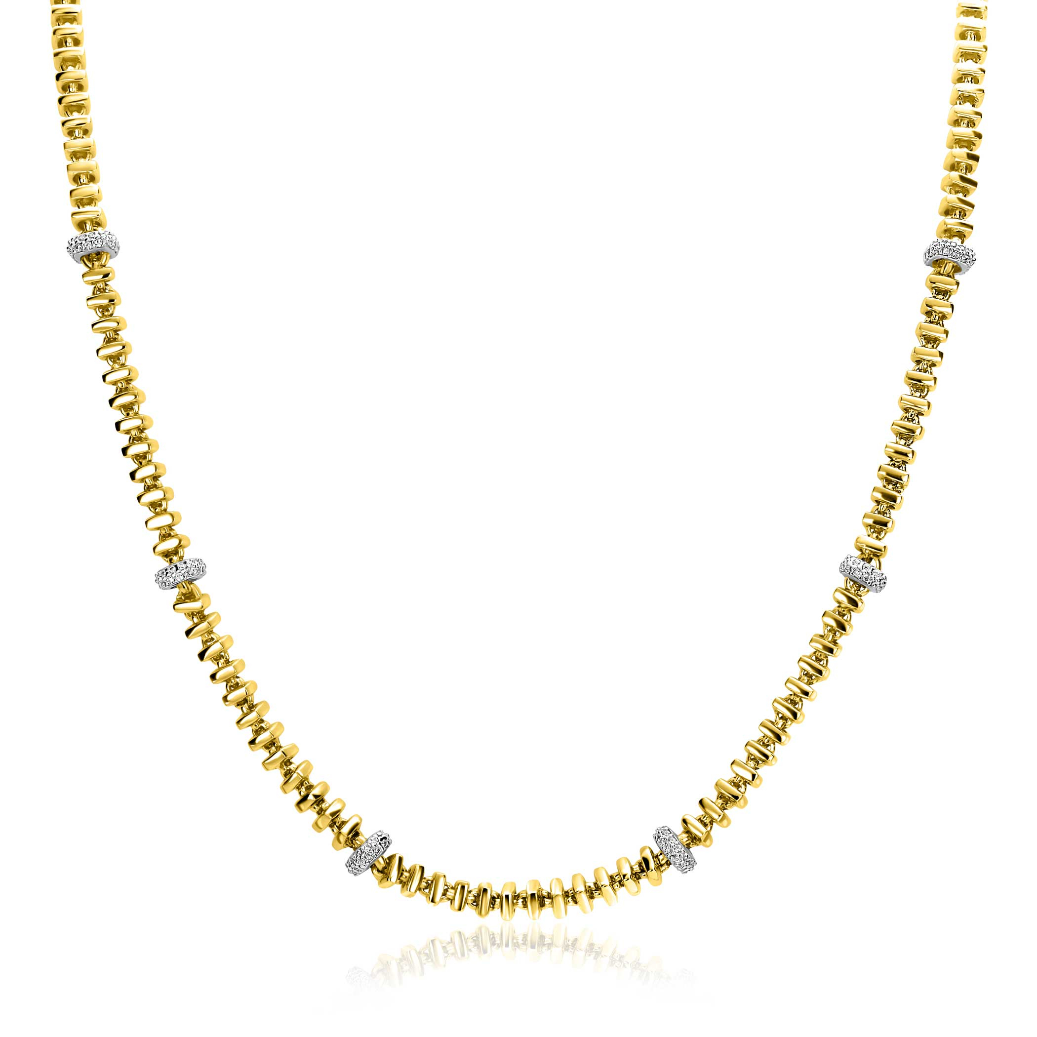 ZINZI gold plated silver square link necklace 6mm wide, alternately set with white cubic zirconias 45cm ZIC2678Y