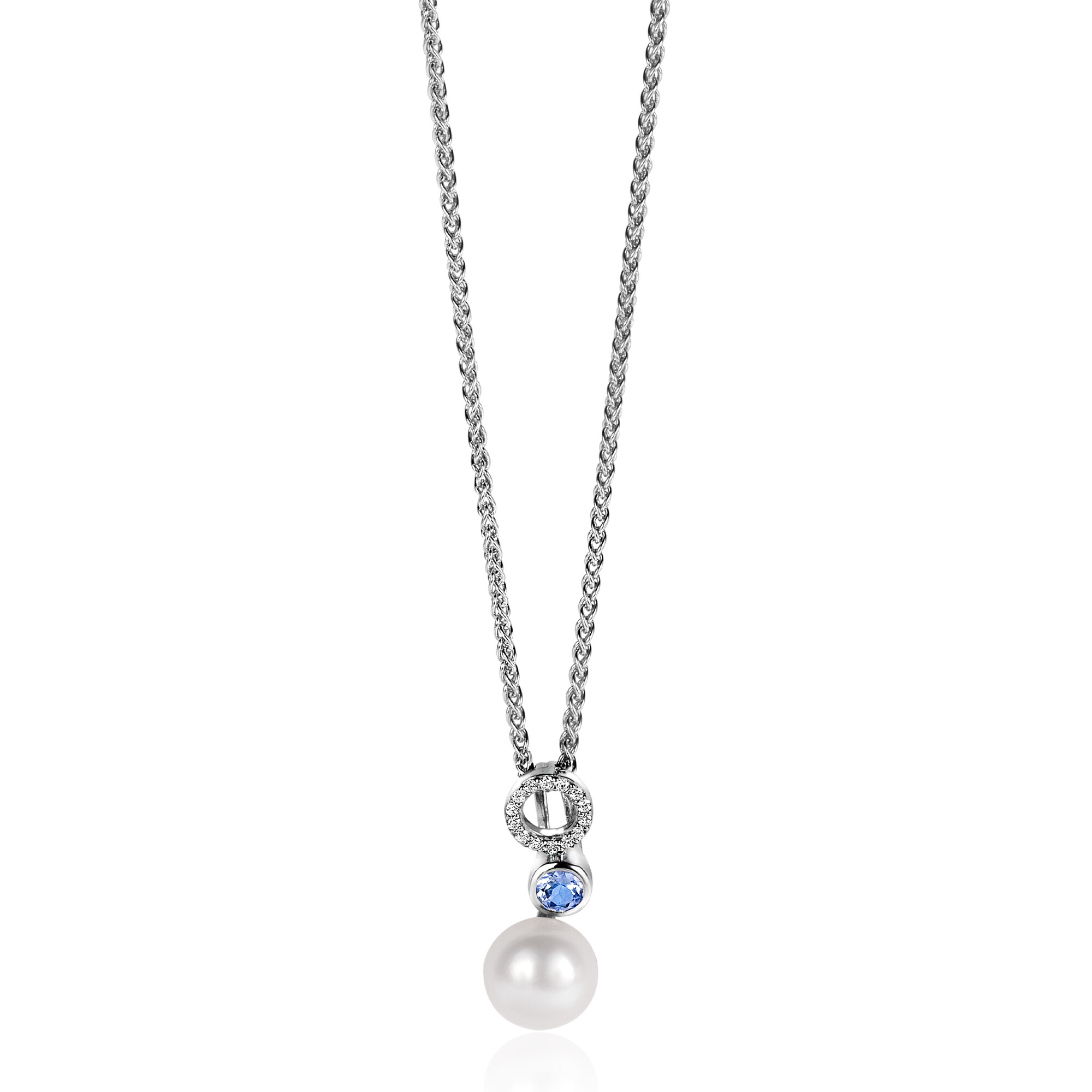 20mm ZINZI Sterling Silver Pendant White Pearl, Round Light Blue Color Stone and Open Circle Set with White Zirconias ZIH2442 (excl. necklace)