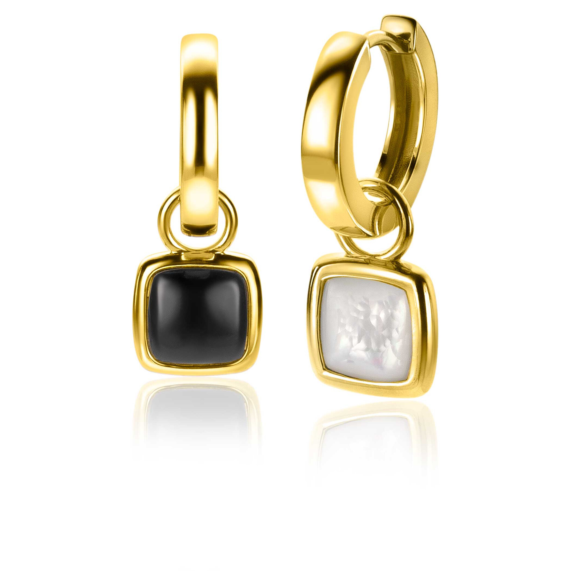 10mm ZINZI Gold Plated Sterling Silver Earrings Pendants Square Two-sided Black Onyx and White Mother-of-Pearl ZICH2257G (excl. hoop earrings)