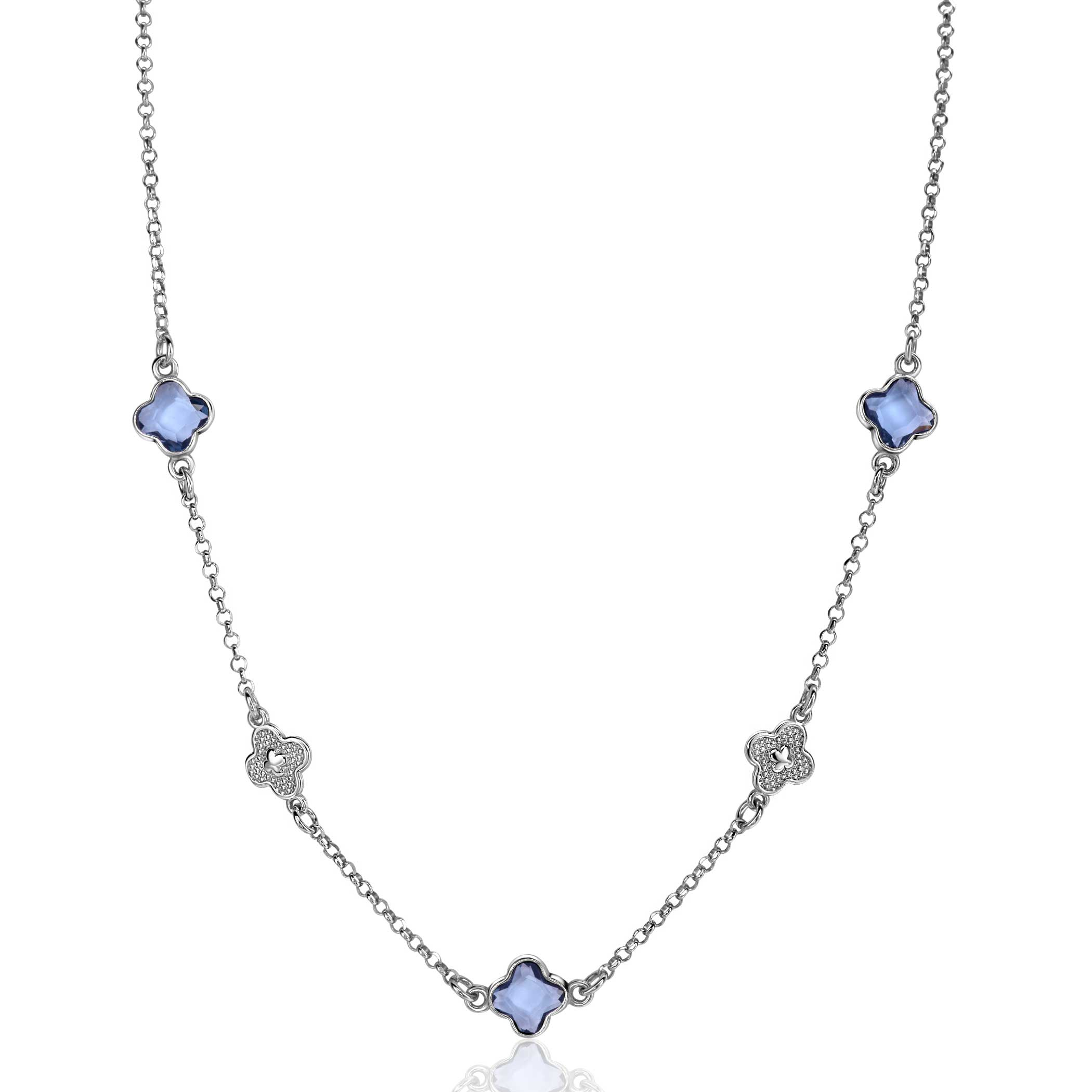 ZINZI silver link necklace with two silver and three blue clovers 40-45cm ZIC2582
