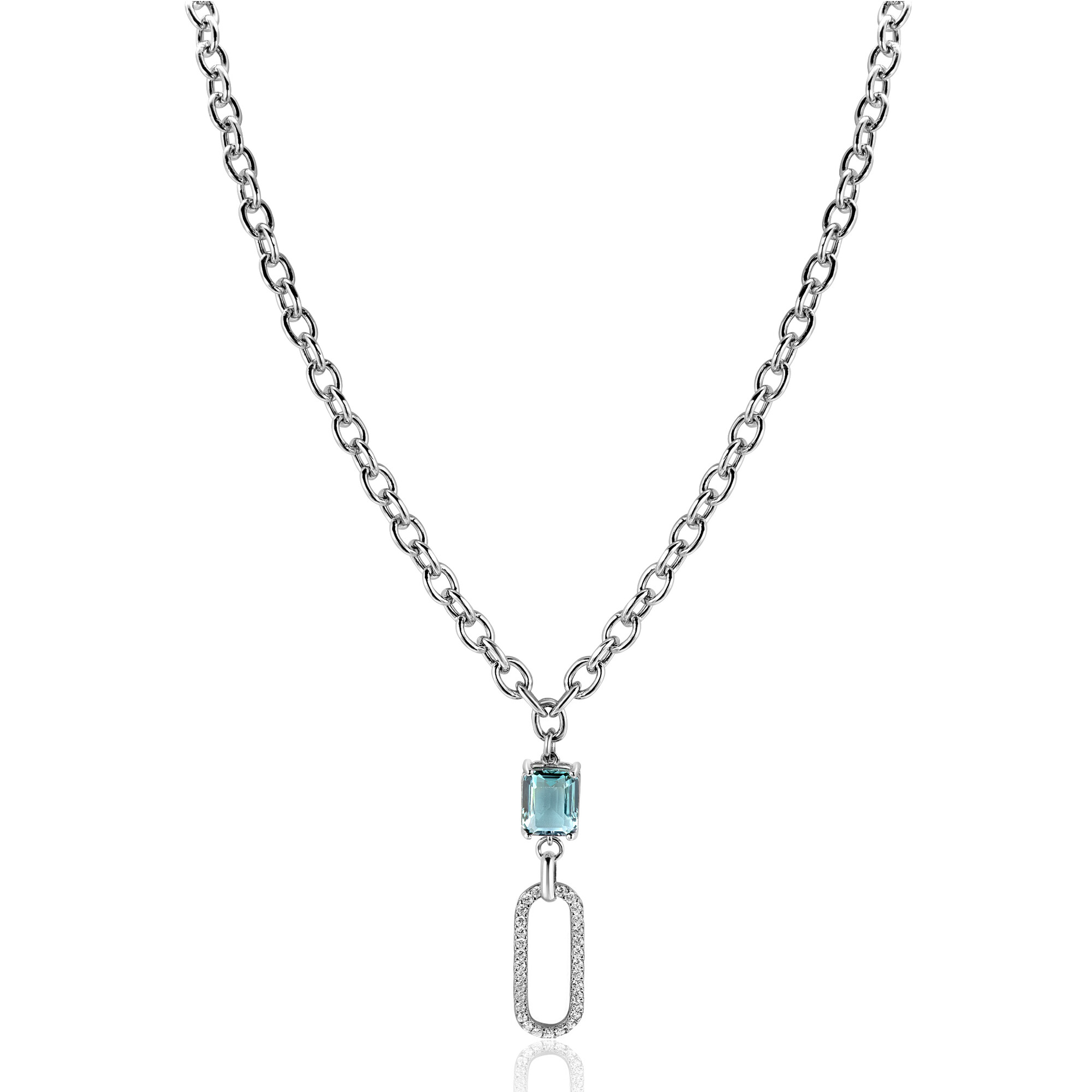 ZINZI Sterling Silver Fantasy Chain Necklace with Oval Pendant Set with White Zirconias and Green/Blue (Petrol) Color Stone in Prong Setting 45cm ZIC2487