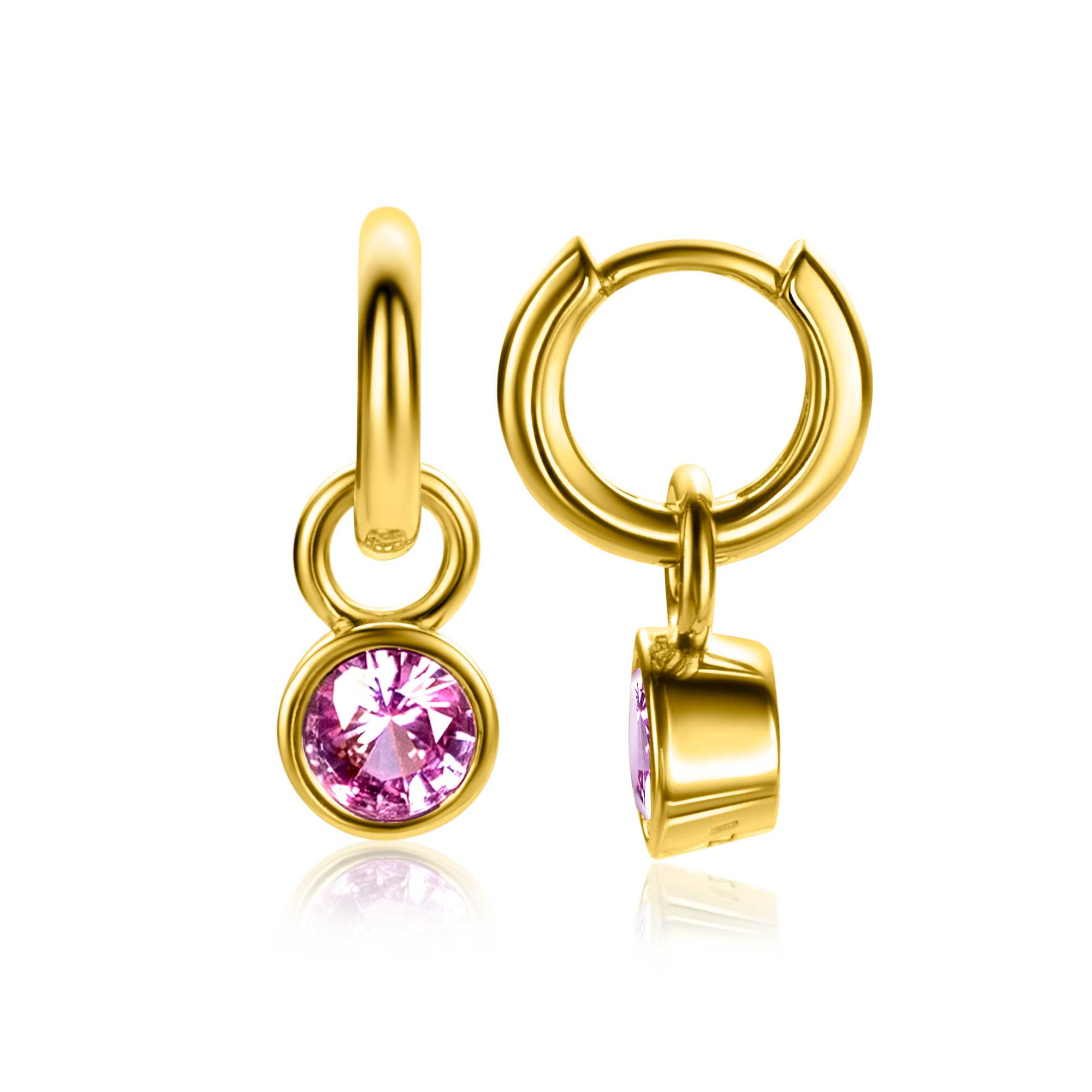 OCTOBER Earrings Pendants Gold Plated with Birthstone Pink Rose Quartz Zirconia (excl. hoop earrings)