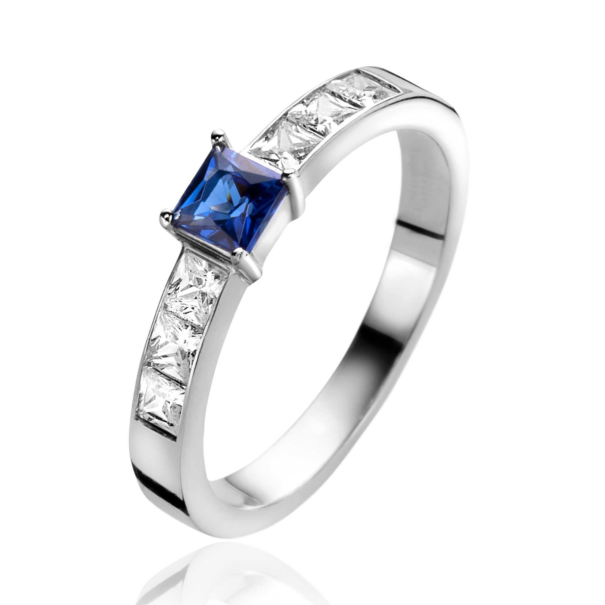 ZINZI Sterling Silver Ring Square Sapphire Blue and White Zirconias ZIR2453